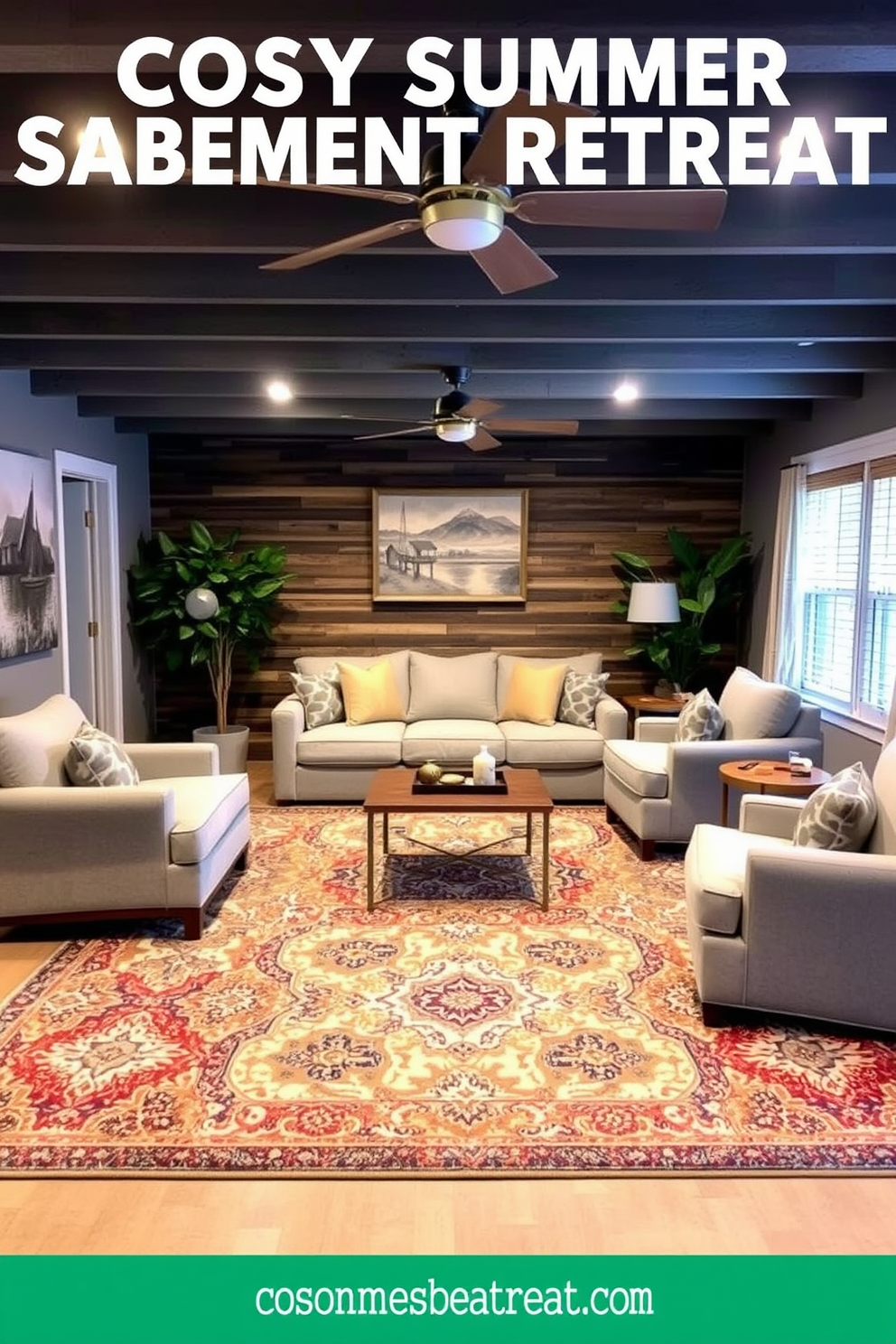 Create a cozy summer basement retreat featuring large area rugs that add warmth and comfort to the space. Incorporate soft seating options like a plush sectional sofa and oversized armchairs to encourage relaxation and socializing.