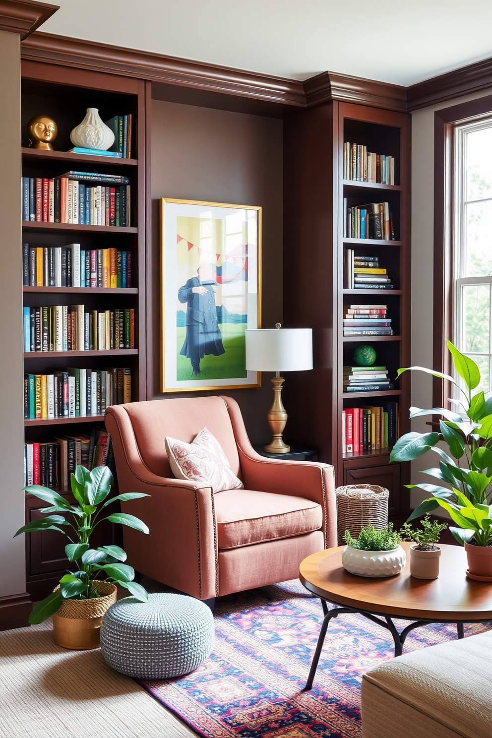 Create a cozy reading nook featuring a plush armchair in a soft fabric positioned near a large window. Surround the chair with built-in bookshelves filled with an assortment of colorful books and decorative objects. Design a summer basement retreat that incorporates light and airy colors to brighten the space. Include comfortable seating, vibrant artwork, and indoor plants to create a refreshing atmosphere.