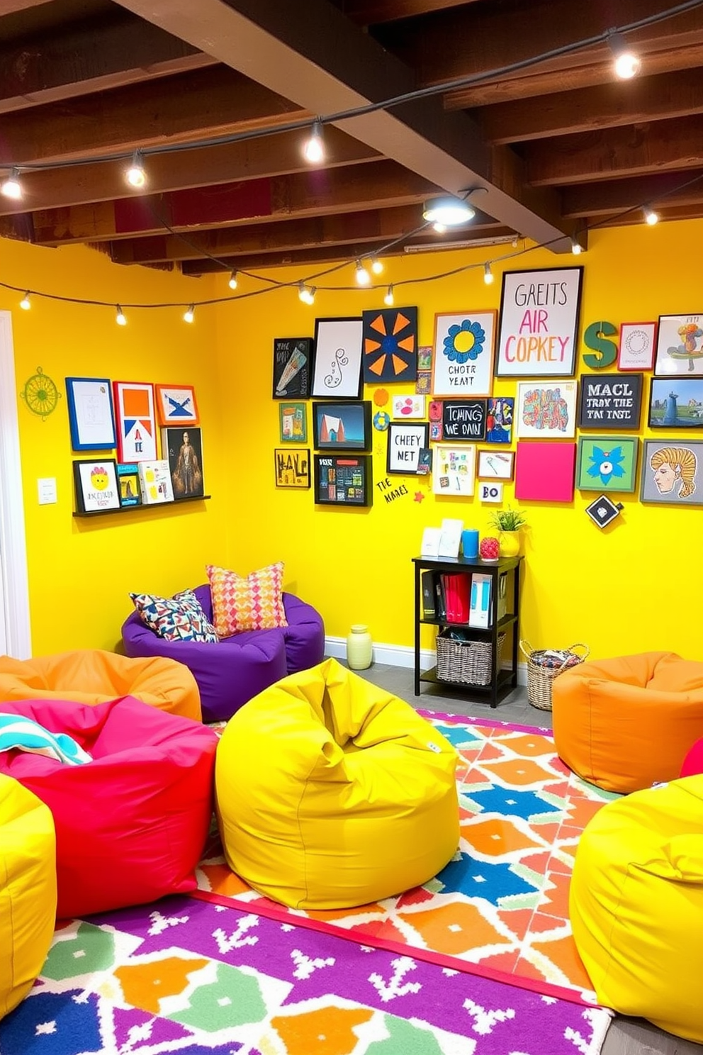 A vibrant summer basement space filled with playful decor elements. The walls are painted in a cheerful yellow hue, and colorful bean bags are scattered around for casual seating. A large area rug with bold geometric patterns anchors the room, while a wall-mounted shelf displays an array of fun, quirky art pieces. String lights hang from the ceiling, creating a warm and inviting atmosphere perfect for gatherings.