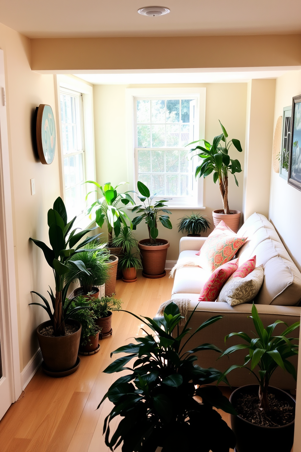 A cozy summer basement retreat filled with natural light. Soft beige walls complement the light wood flooring, creating an inviting atmosphere. In one corner, a comfortable sectional sofa is adorned with vibrant throw pillows. Potted plants in various sizes are strategically placed around the room, adding a fresh and lively touch.