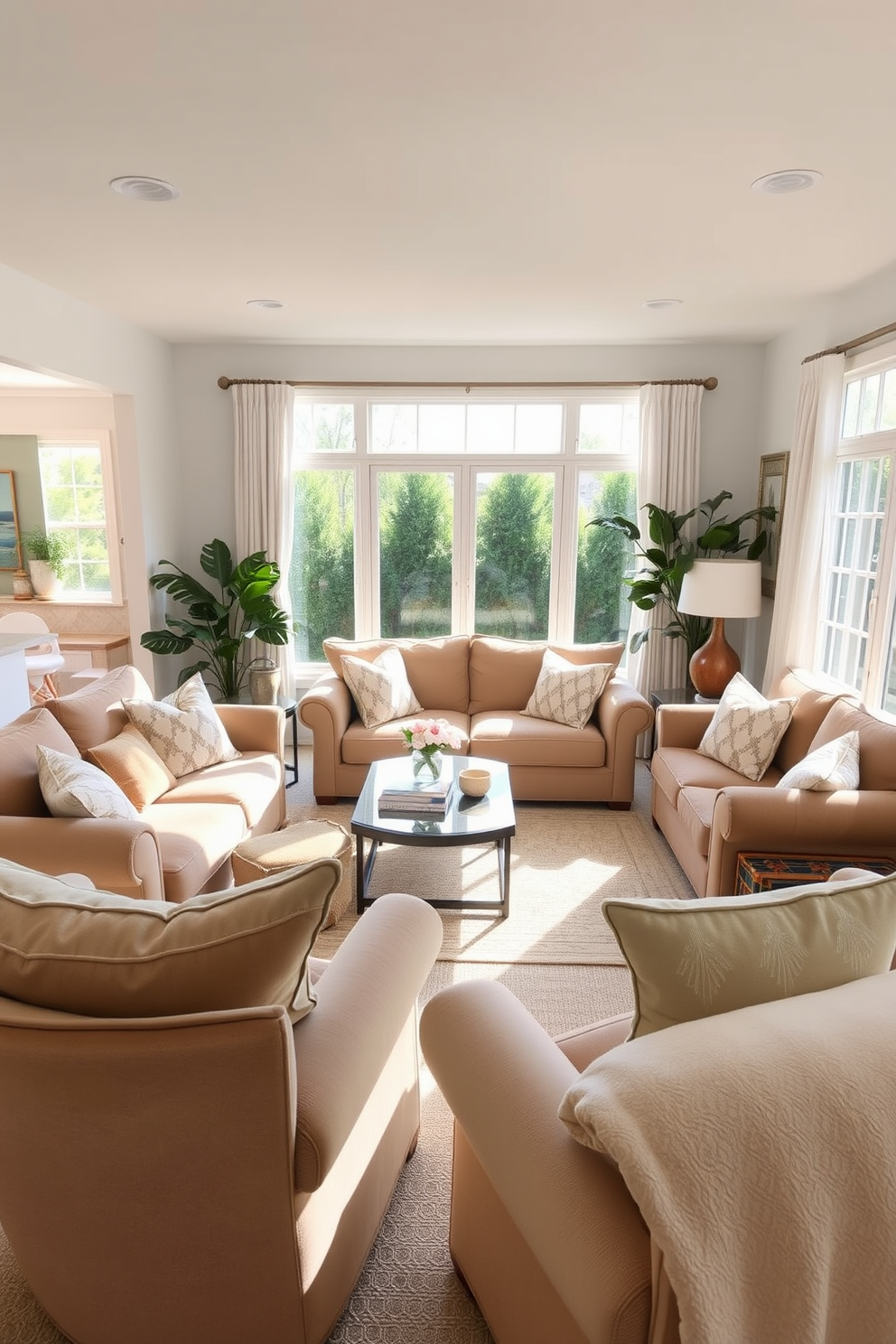 A cozy basement retreat featuring comfortable oversized furniture that invites relaxation. Plush sofas and armchairs are arranged around a central coffee table, creating an inviting gathering space. The walls are painted in soft pastel hues, enhancing the airy summer vibe. Large windows allow natural light to flood the room, complemented by light, breezy curtains that flutter gently in the breeze.