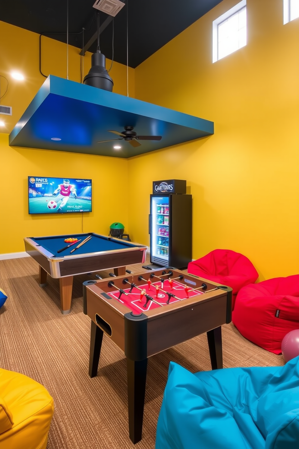 Design a vibrant game area featuring a pool table and a foosball table. The walls are painted in a cheerful yellow, and colorful bean bags are scattered around for seating. Incorporate a large flat-screen TV mounted on one wall for gaming and movie nights. Add a mini fridge stocked with snacks and drinks to complete the fun atmosphere.