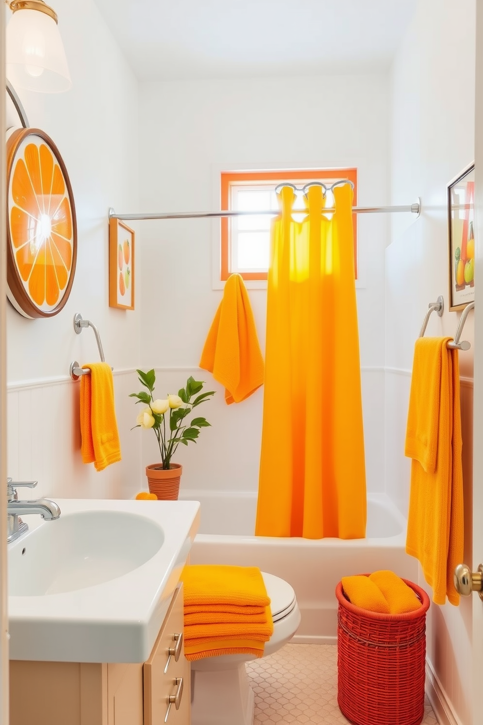 Brighten your summer bathroom with citrus color accents. Incorporate vibrant yellow towels and orange accessories to create a fresh and cheerful atmosphere. Use a light, airy color palette for the walls, such as soft white or pale blue, to enhance the brightness. Add decorative elements like citrus-themed artwork and a colorful shower curtain to complete the look.