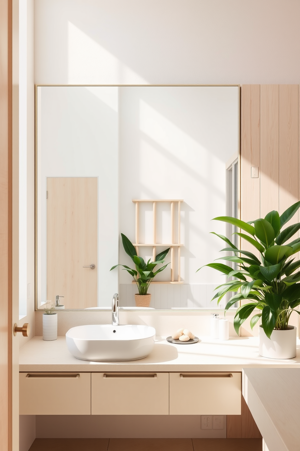 A bright summer bathroom with a large mirror that reflects natural light, creating an open and airy atmosphere. The walls are painted a soft pastel color, complemented by light wood accents and lush green plants for a refreshing touch.