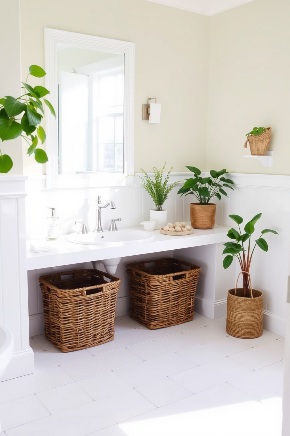 A bright and airy summer bathroom featuring wicker baskets for storage placed neatly under the sink. The walls are painted in a soft pastel hue, and fresh green plants are scattered throughout to enhance the seasonal vibe.