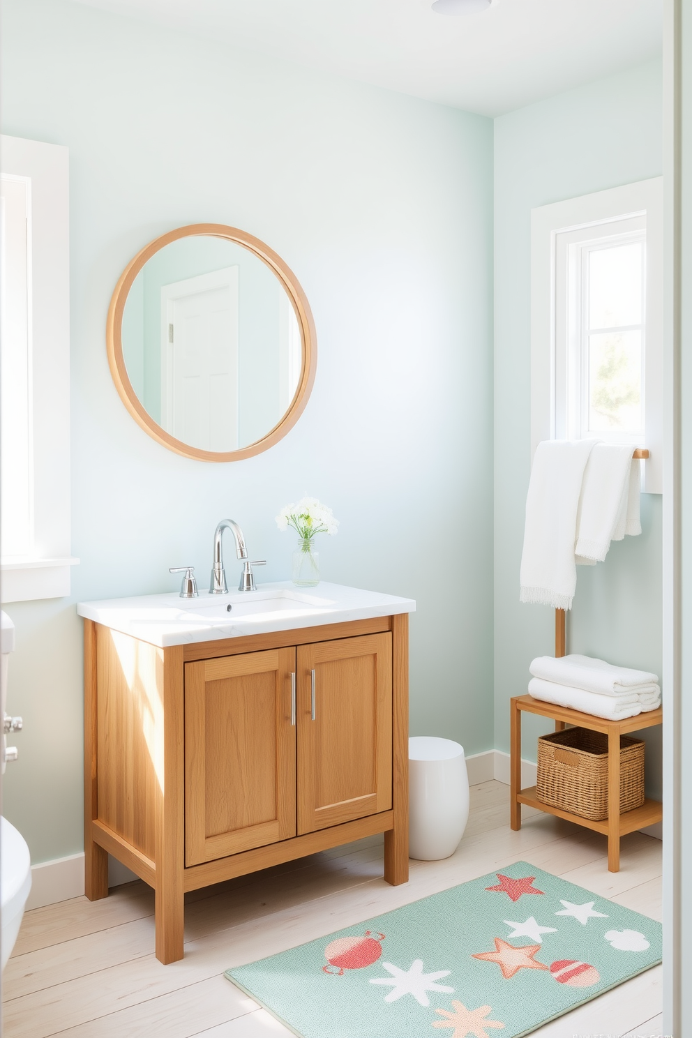 A bright and airy bathroom infused with summer vibes. The space features a wooden vanity with a light marble countertop and a sleek single sink. Above the vanity, a large round mirror with a natural wood frame reflects the sunlight streaming through the window. The walls are painted a soft seafoam blue, and the floor is adorned with light-colored wooden planks. A small rug with beach motifs adds a playful touch to the room, complementing the coastal theme. Fresh white towels are neatly arranged on a nearby shelf, enhancing the relaxed atmosphere.