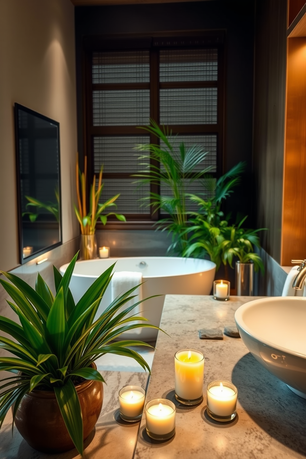 Create a serene bathroom setting that evokes a spa-like ambiance. Incorporate soft lighting with candles placed around the bathtub and on the countertop for a tranquil atmosphere. Use natural materials such as bamboo and stone to enhance the calming feel. Add lush greenery with potted plants to bring a touch of nature indoors and create a refreshing environment.