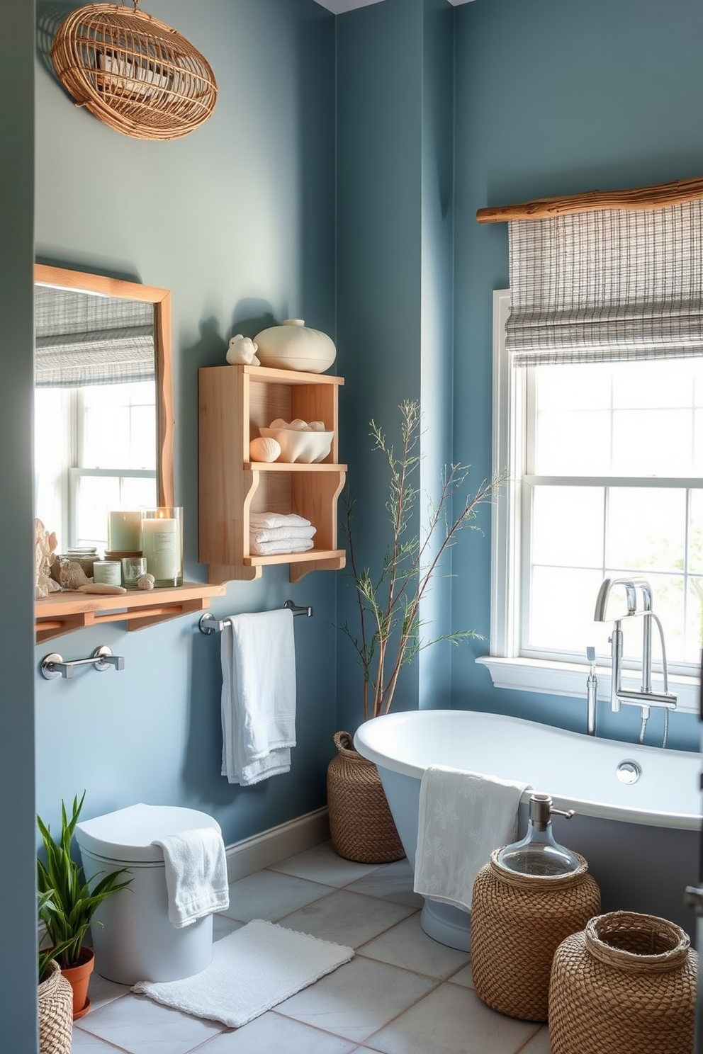 A serene summer bathroom setting featuring driftwood accents and decor. The walls are painted in soft ocean blue, complemented by natural wood shelving adorned with seashells and candles. A freestanding soaking tub is positioned near a large window, allowing natural light to flood the space. Bamboo plants and woven baskets add a touch of greenery and texture, enhancing the tranquil atmosphere.