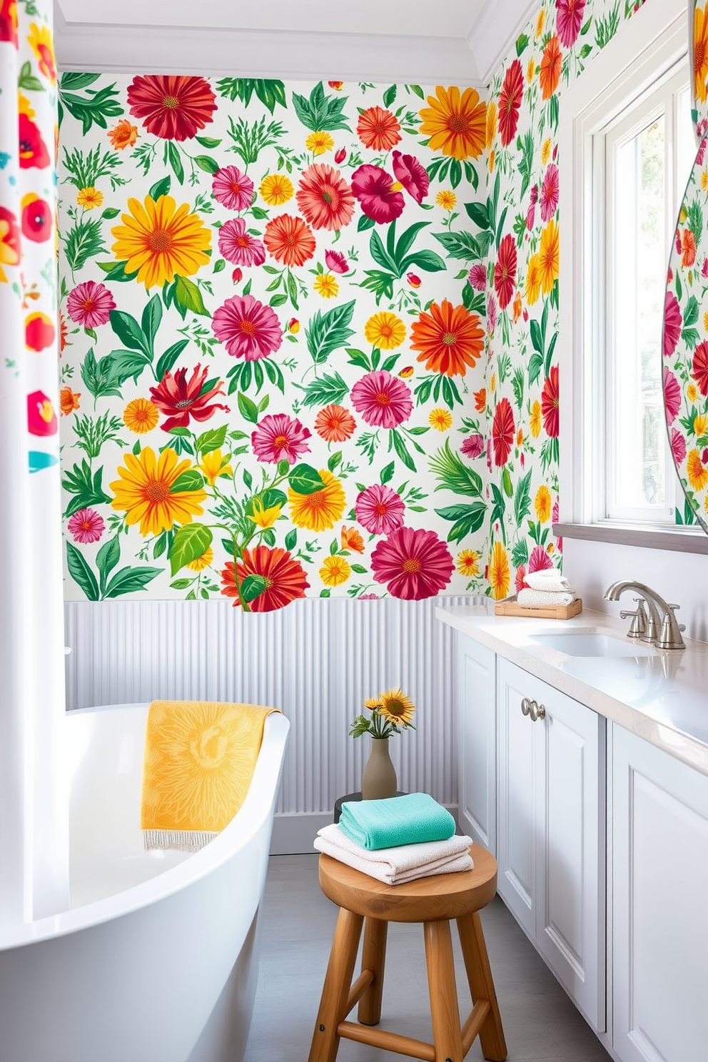 A bright and airy bathroom featuring removable wallpaper adorned with vibrant summer patterns. The walls are a lively backdrop to a sleek white bathtub, complemented by a wooden stool holding colorful towels. Natural light floods the space through a large window, illuminating a potted plant in the corner. A stylish shower curtain in matching summer motifs adds a playful touch to the overall decor.