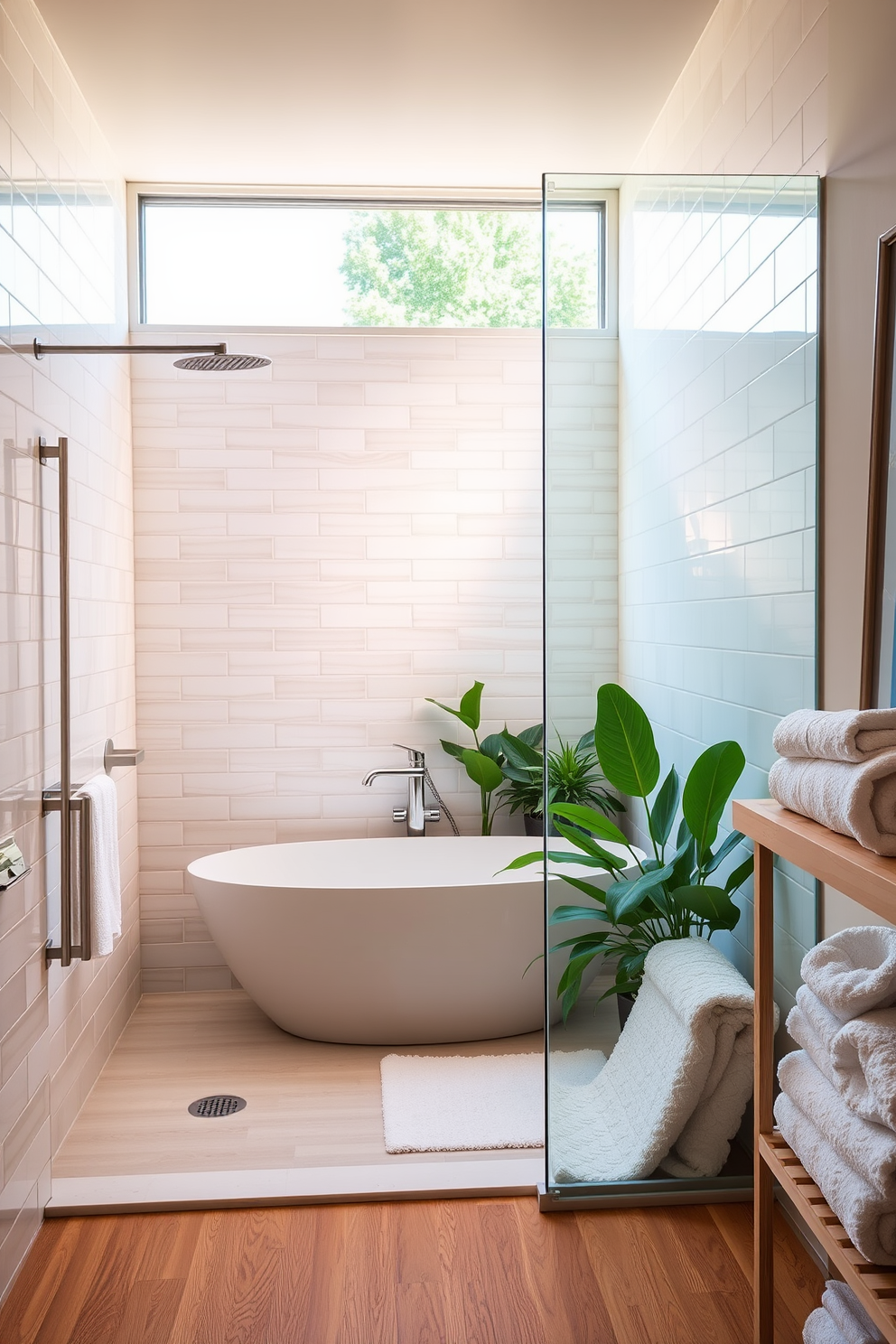 A luxurious summer bathroom setting featuring a spacious walk-in shower with a sleek rainfall showerhead. The walls are adorned with light, airy tiles in soft pastel colors, complemented by a large window that allows natural light to flood the space. A freestanding soaking tub sits elegantly in the corner, surrounded by lush green plants for a refreshing touch. The floor is finished with warm wooden planks, and fluffy white towels are neatly arranged on a nearby shelf.