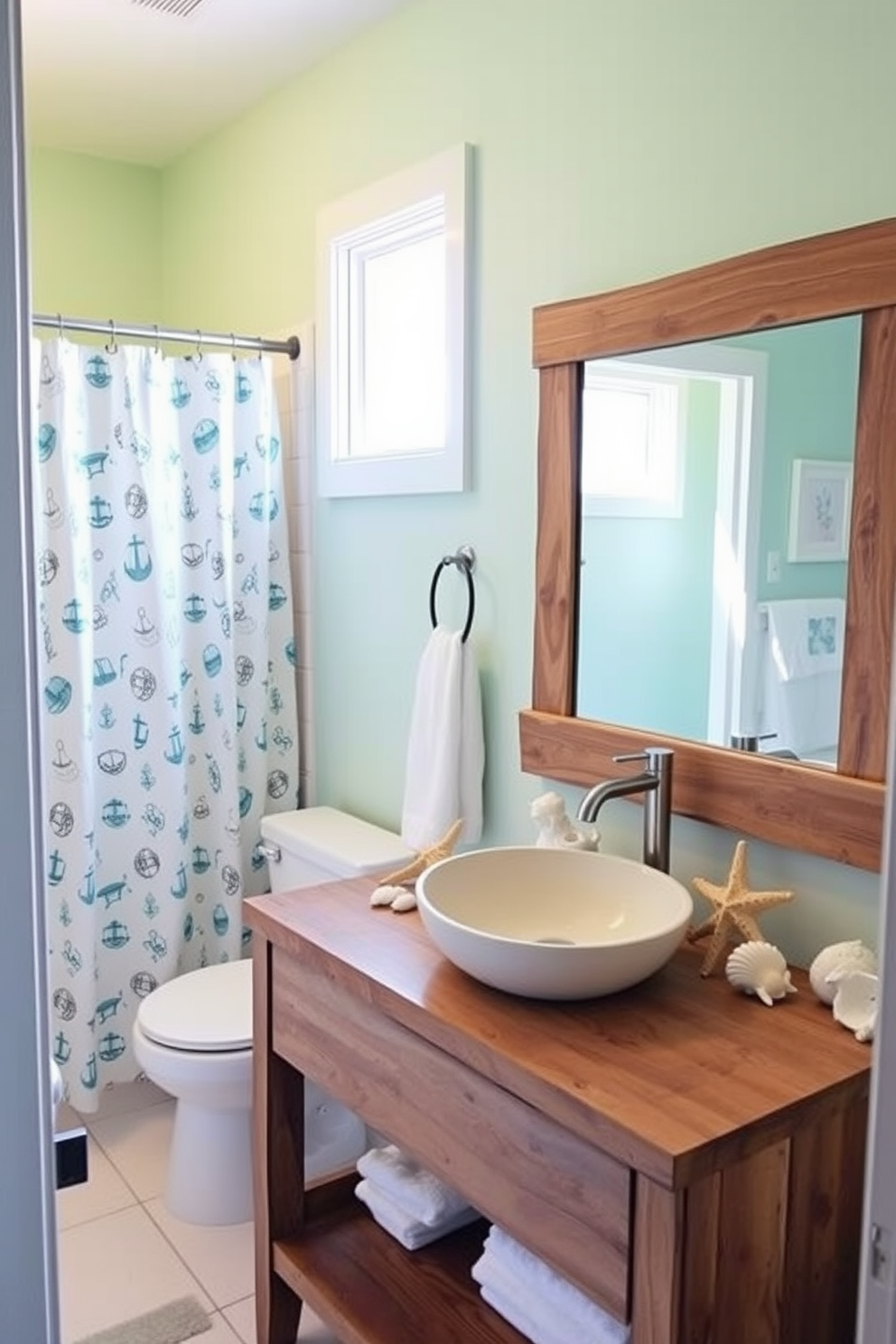 A bright and airy bathroom with beach-themed decor elements. The walls are painted in a soft seafoam green, and the shower curtain features a playful nautical print. A driftwood vanity holds a vessel sink made of smooth, polished stone. Seashells and starfish are artfully arranged on the countertop, while a large mirror framed with reclaimed wood reflects the sunlight streaming in through a window.