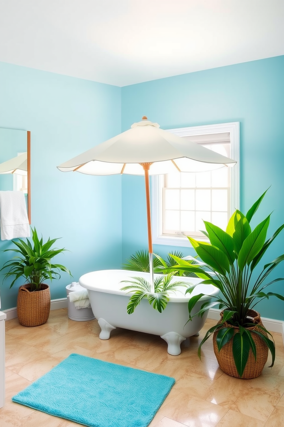 A bright and airy summer bathroom setting. The walls are painted a soft sky blue, and the floor is adorned with sandy beige tiles. In the center, there is a freestanding soaking tub surrounded by tropical plants. Above the tub, a fun beach umbrella provides shade, adding a playful touch to the decor.