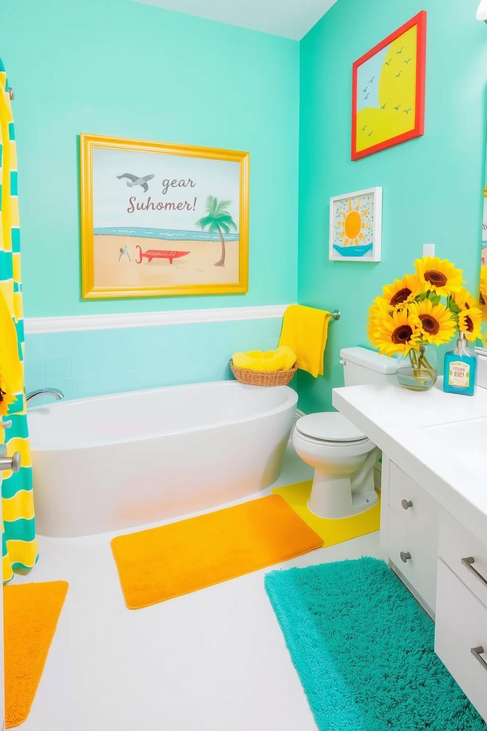 A vibrant summer bathroom setting filled with bright colored bath mats in shades of yellow and turquoise. The walls are adorned with playful beach-themed artwork, and a fresh bouquet of sunflowers sits on the countertop next to a stylish soap dispenser.