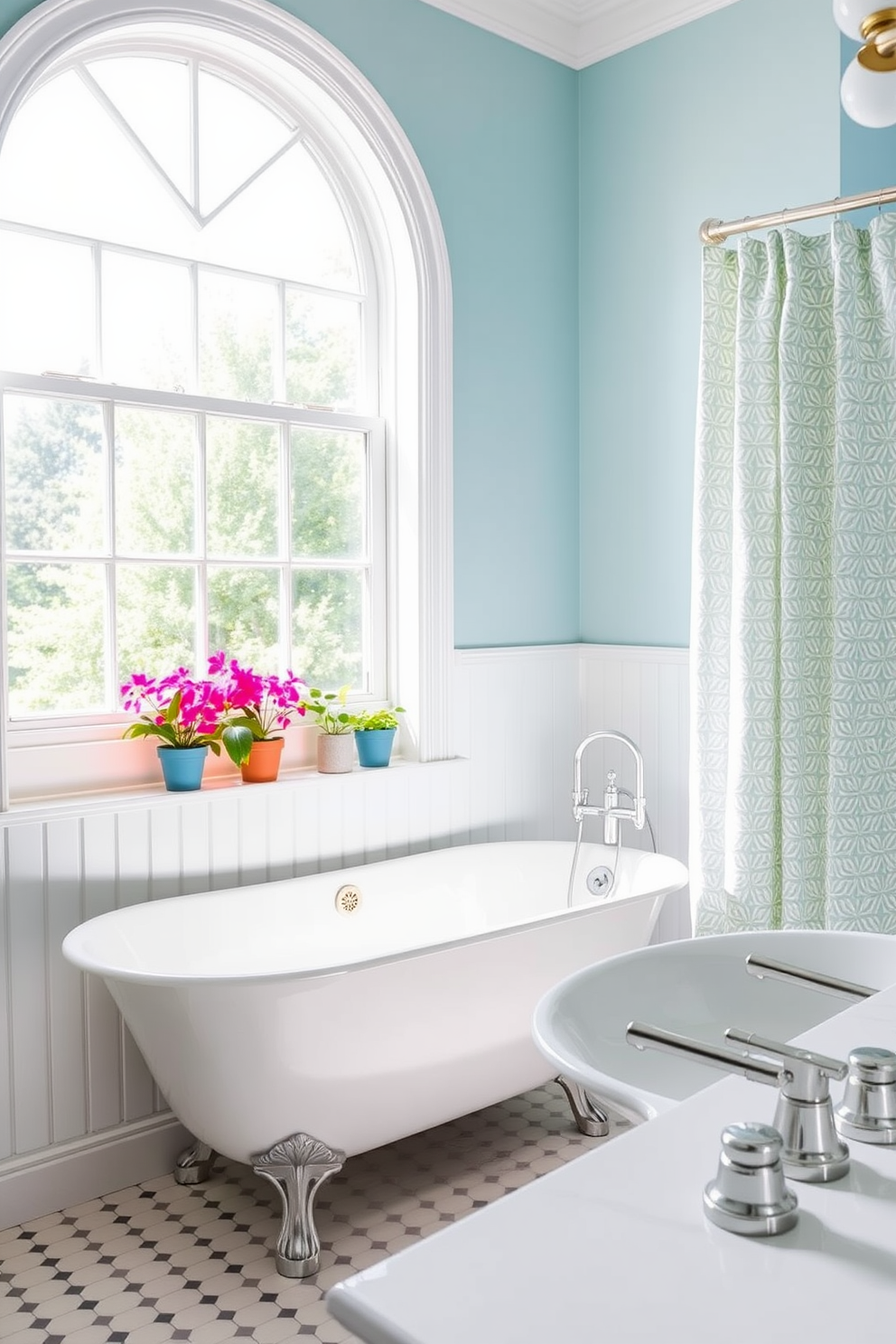 A bright and airy summer bathroom featuring a sleek freestanding bathtub positioned under a large window that allows natural light to flood the space. The walls are painted in a soft pastel blue, complemented by white wainscoting and a patterned shower curtain that adds a touch of whimsy. Polished chrome fixtures and metallic accents adorn the sink area, enhancing the elegance of the design. A collection of vibrant potted plants is placed on the windowsill, bringing a refreshing touch of nature into the space.