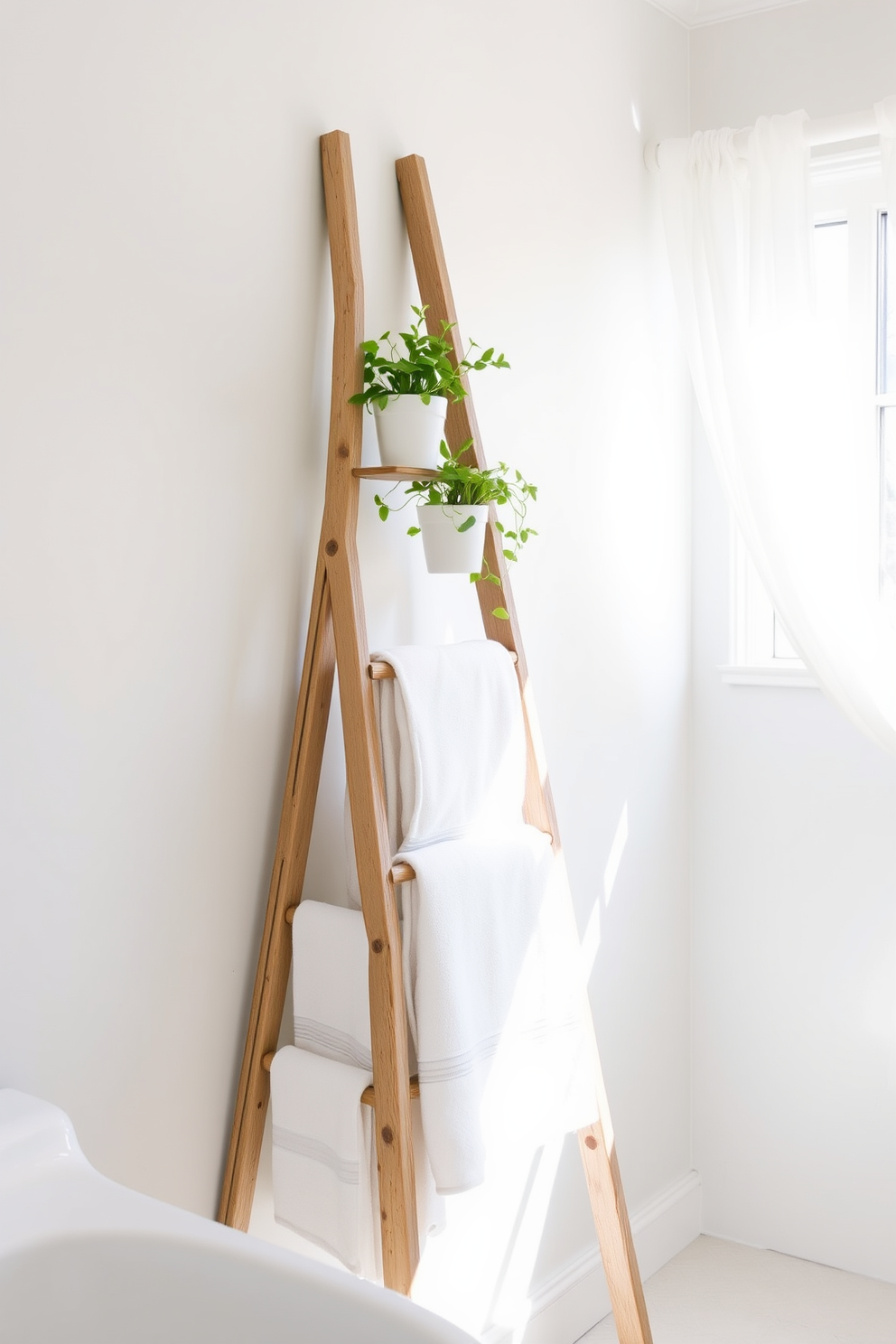 A charming summer bathroom setting features a vintage ladder repurposed for stylish towel storage. The ladder leans against a wall painted in a soft pastel hue, creating a relaxed and inviting atmosphere. Delicate potted plants are placed on the rungs of the ladder, adding a touch of greenery and freshness. Natural light streams in through a window adorned with sheer white curtains, enhancing the overall light and airy feel of the space.