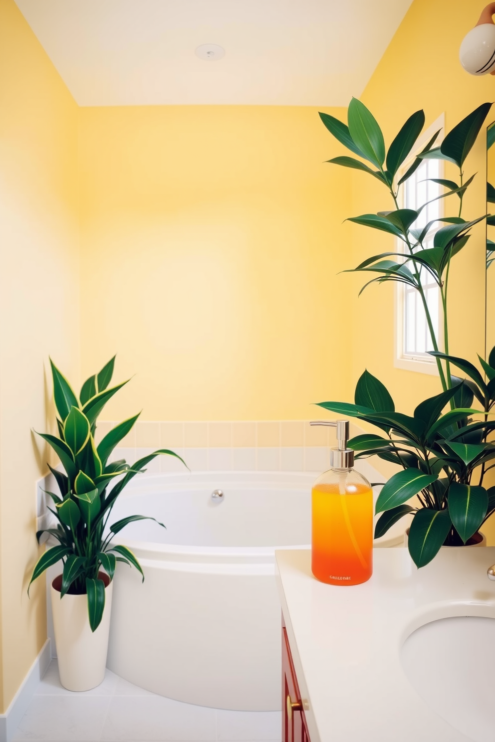 A bright and cheerful bathroom setting. The walls are painted in a soft pastel yellow, creating a warm and inviting atmosphere. A sleek white bathtub sits in the corner, surrounded by lush green plants that add a touch of nature. On the countertop, a colorful soap dispenser set in vibrant hues enhances the playful summer vibe.