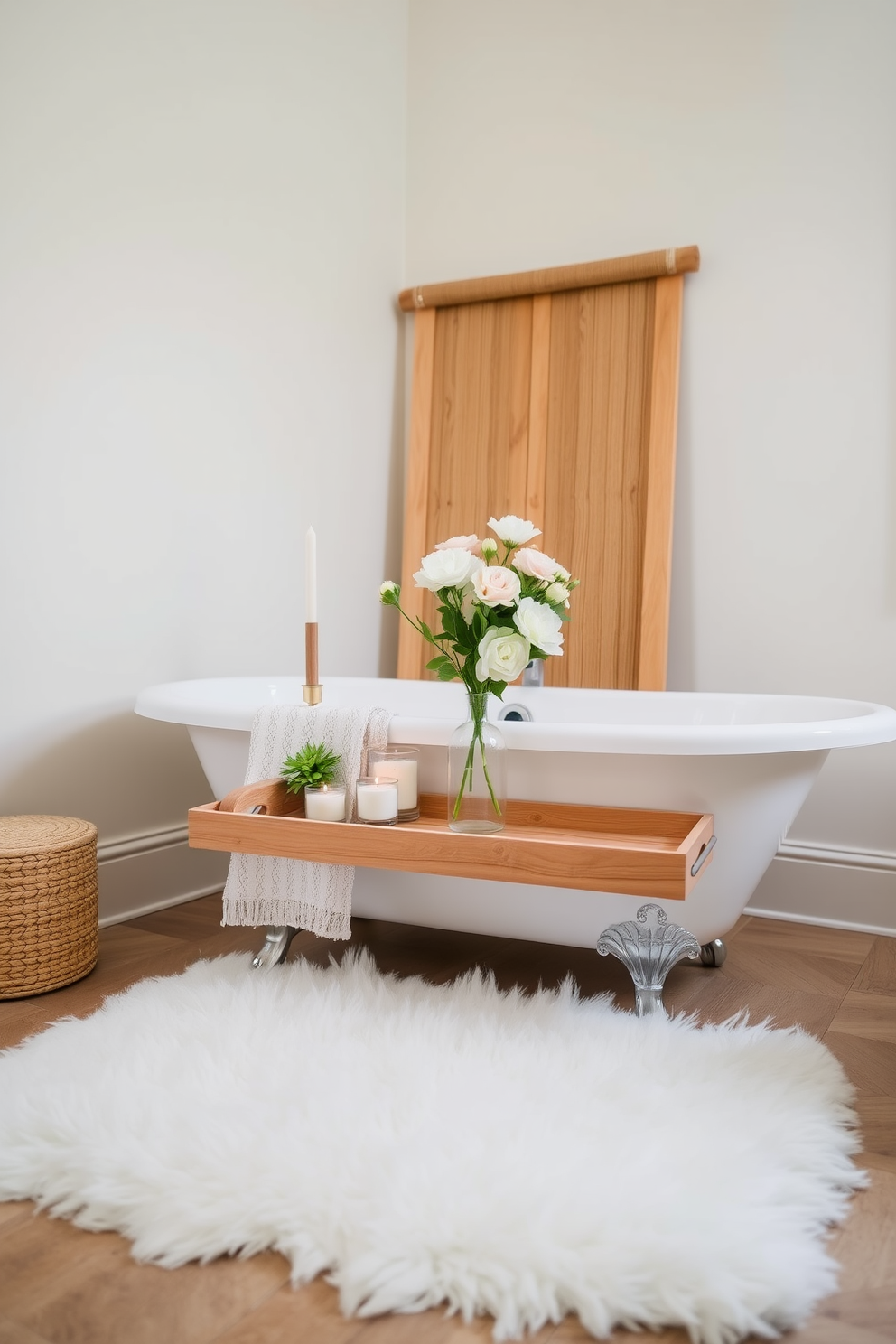 A chic summer bathroom setting features a stylish bath caddy made of natural wood. The caddy holds a few scented candles and a small potted plant, adding a touch of greenery to the space. The walls are painted in a soft pastel color, creating a light and airy atmosphere. A plush white rug lies beneath the freestanding tub, which is surrounded by fresh flowers in a decorative vase.