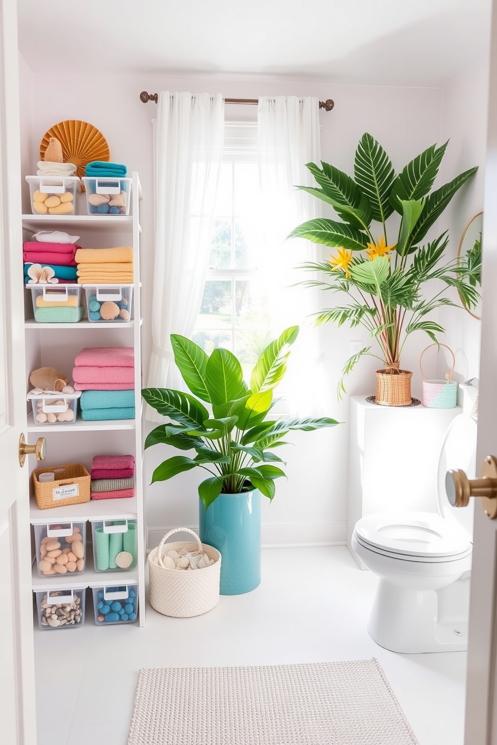 Create a bright and airy summer bathroom setting featuring clear bins for organized storage. The bins are neatly arranged on open shelves, showcasing colorful towels and toiletries, while natural light floods the space through a large window adorned with sheer white curtains. Incorporate vibrant summer-themed decor elements such as seashells and tropical plants to enhance the seasonal feel. The walls are painted in a soft pastel hue, and the floor is covered with a light, textured rug that adds warmth and comfort.