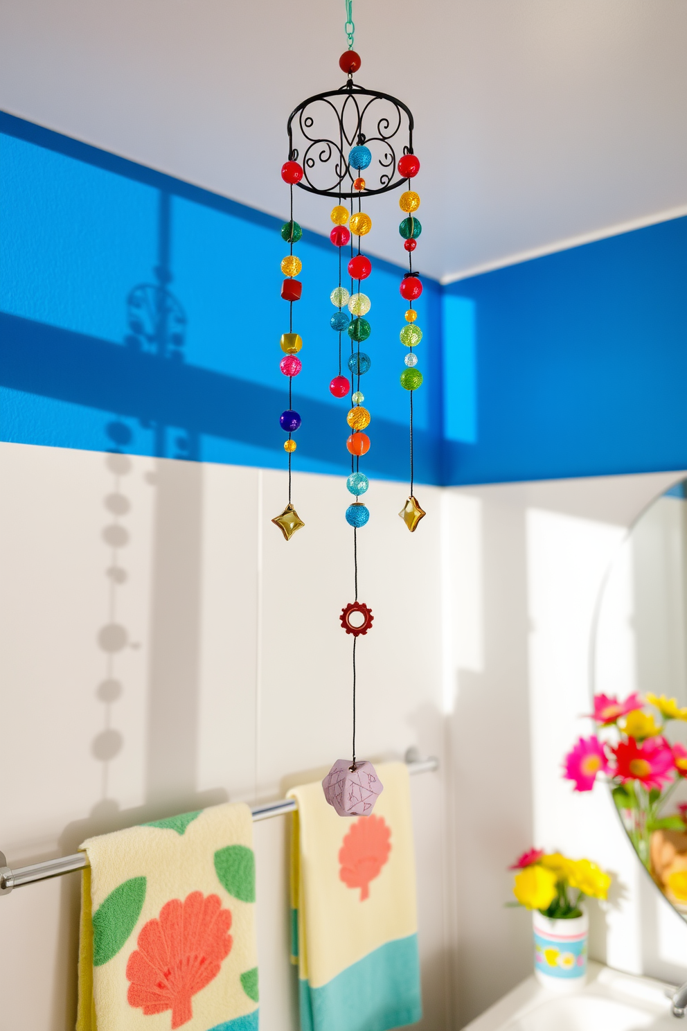 A whimsical wind chime hangs gracefully from the ceiling, its colorful beads catching the sunlight and casting playful shadows on the walls. The bathroom is adorned with vibrant summer-themed decor, featuring bright towels and fresh flowers that evoke a cheerful and inviting atmosphere.