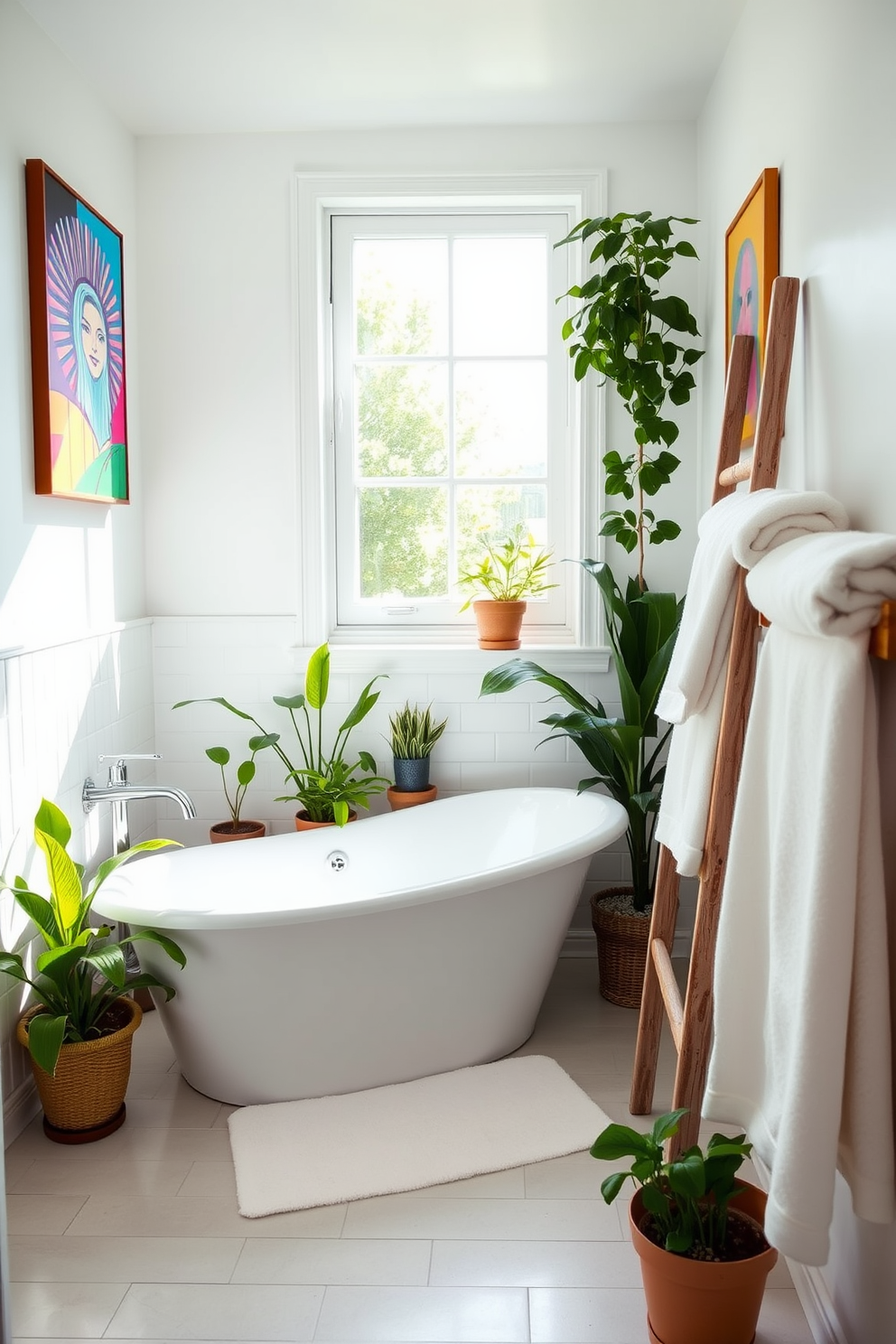 A bright and airy bathroom filled with natural light. The walls are adorned with vibrant art prints that add a cheerful touch to the space. A freestanding soaking tub is positioned under a large window, surrounded by potted plants for a fresh feel. Soft white towels are neatly arranged on a rustic wooden ladder, enhancing the summer vibe.