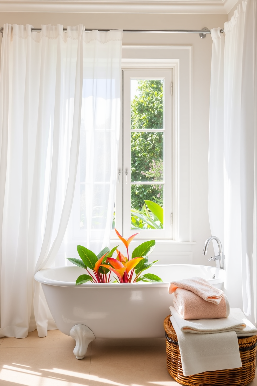 A bright and airy summer bathroom filled with natural light. Sheer white curtains flutter gently in the breeze, framing a large window that overlooks a lush garden. The space features a freestanding soaking tub adorned with colorful tropical plants. Soft pastel towels are neatly arranged on a wicker basket beside the tub, adding a touch of warmth and comfort.