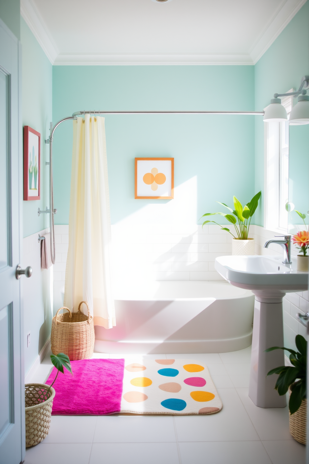 A bright and cheerful bathroom featuring a fun shower mat in a vibrant color or playful pattern. The walls are adorned with light, summery hues, and fresh plants are placed strategically to enhance the lively atmosphere.