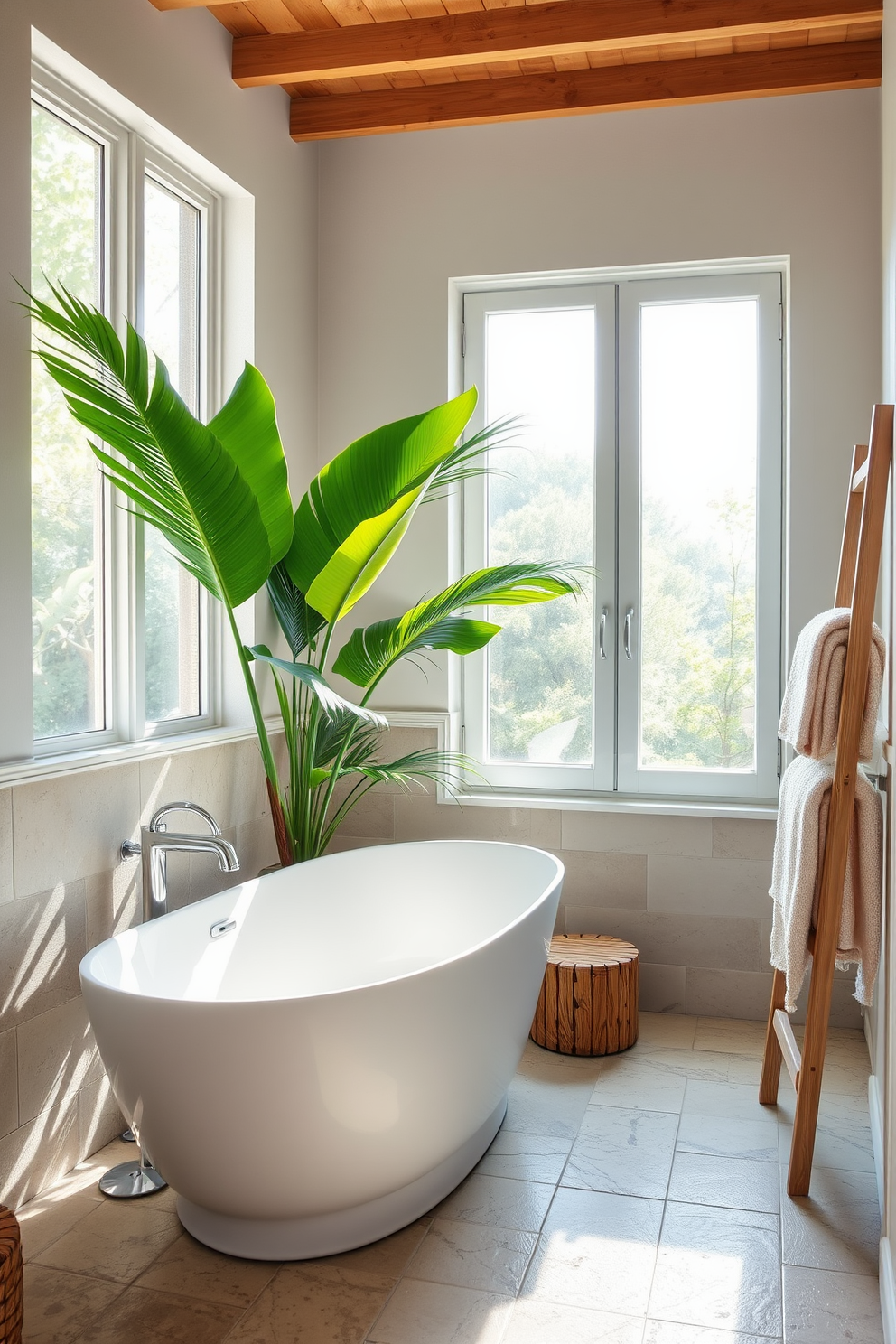 A serene summer bathroom oasis. The space features a sleek white freestanding bathtub surrounded by natural stone tiles, with a large window letting in ample sunlight. A vibrant tropical plant sits in the corner, adding a touch of freshness and color. Soft, fluffy towels in pastel hues are neatly arranged on a wooden ladder, enhancing the relaxed atmosphere.