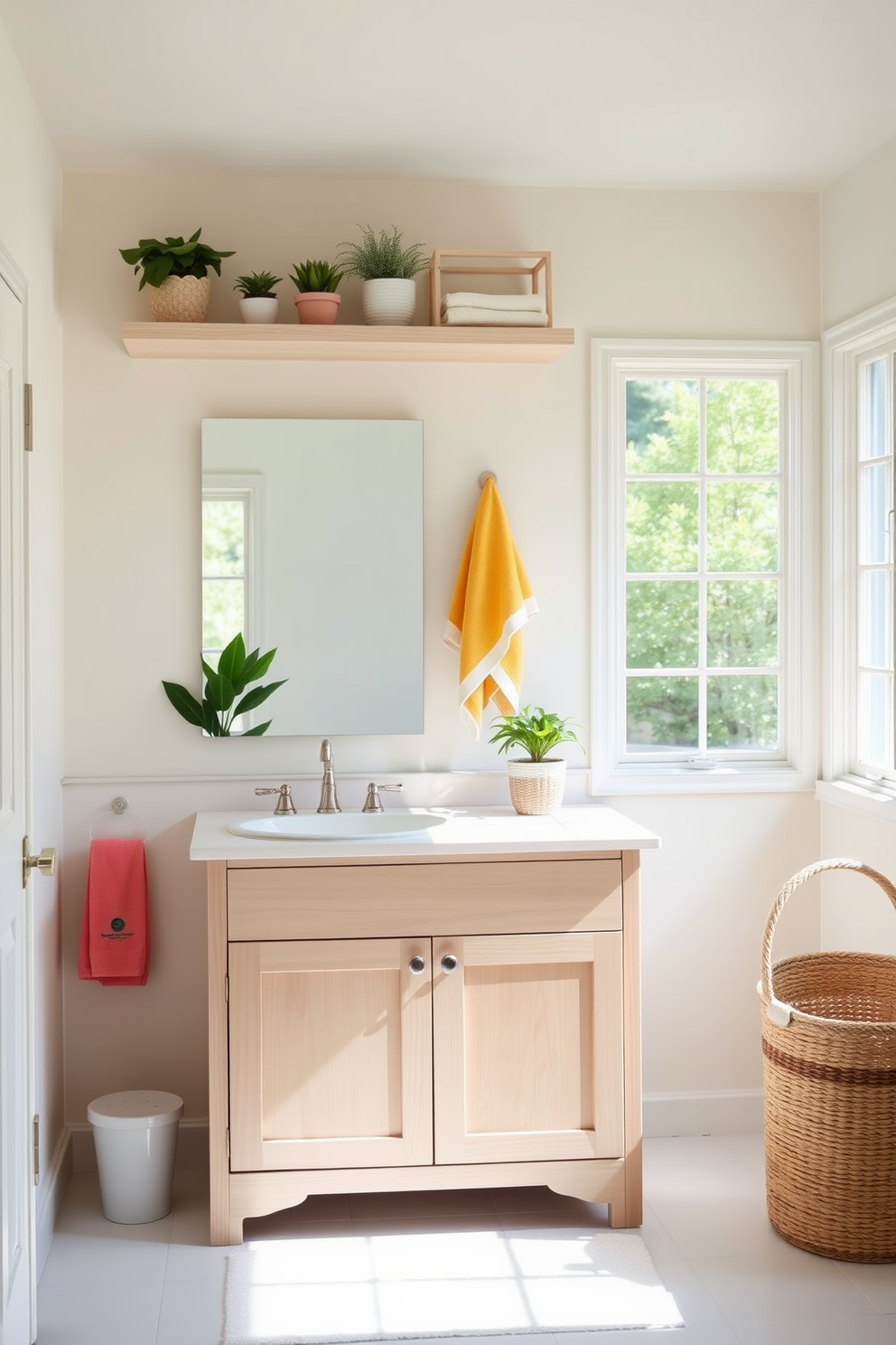 A bright and airy bathroom featuring a light wood vanity with an integrated sink and open shelving above. The walls are painted in a soft pastel hue, and large windows allow natural light to flood the space, enhancing the summer vibe. Decorative elements include potted plants on the shelves and vibrant towels hanging neatly. A woven basket sits in one corner, adding a touch of texture and warmth to the overall decor.