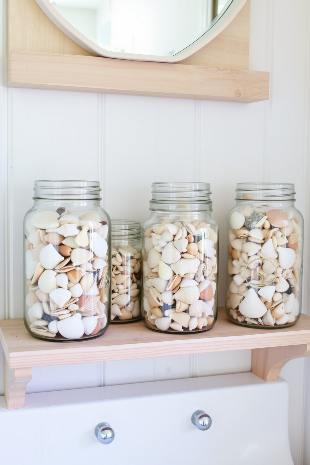 A summer bathroom setting featuring decorative jars filled with an assortment of colorful seashells. The jars are placed on a light wooden shelf above a whitewashed sink, creating a beach-inspired atmosphere.