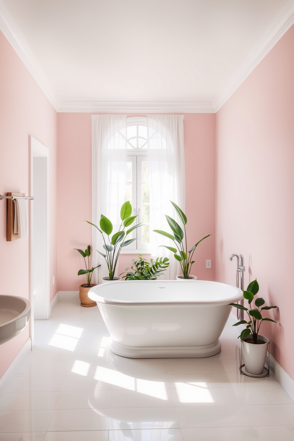 A serene bathroom filled with light. The walls are painted in soft pastel shades, creating a calming atmosphere. Natural light streams in through a large window adorned with sheer white curtains. A freestanding bathtub sits elegantly in the corner, surrounded by potted plants for a touch of nature.