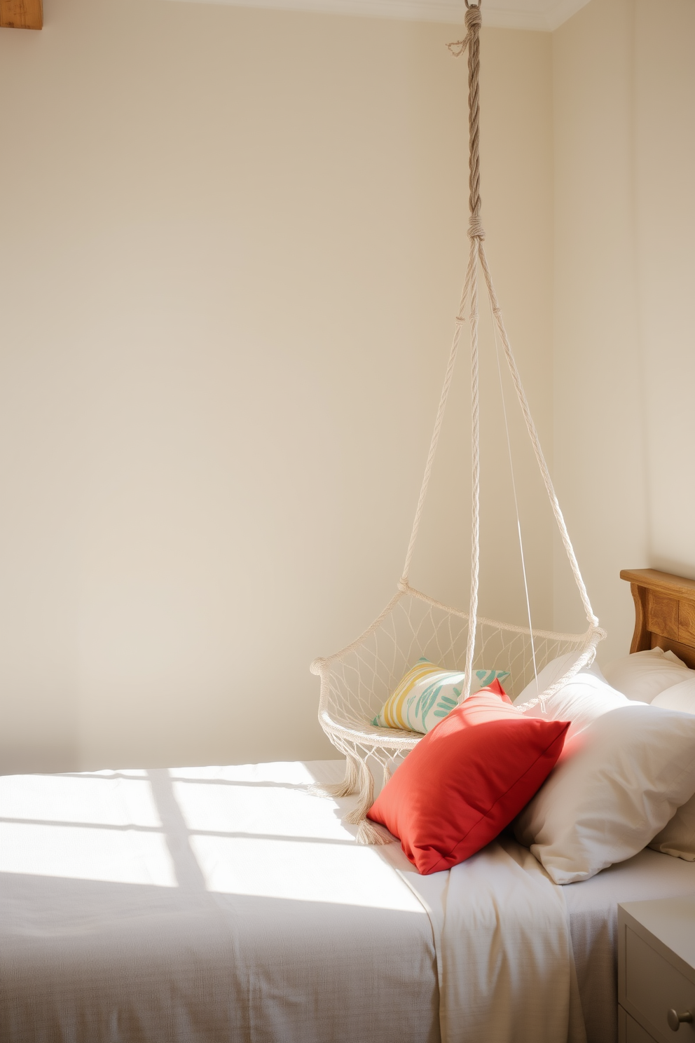 A serene summer bedroom setting featuring a cozy hammock chair suspended from the ceiling in the corner. The walls are painted in a soft pastel hue, and the bed is adorned with light linen bedding and colorful throw pillows.