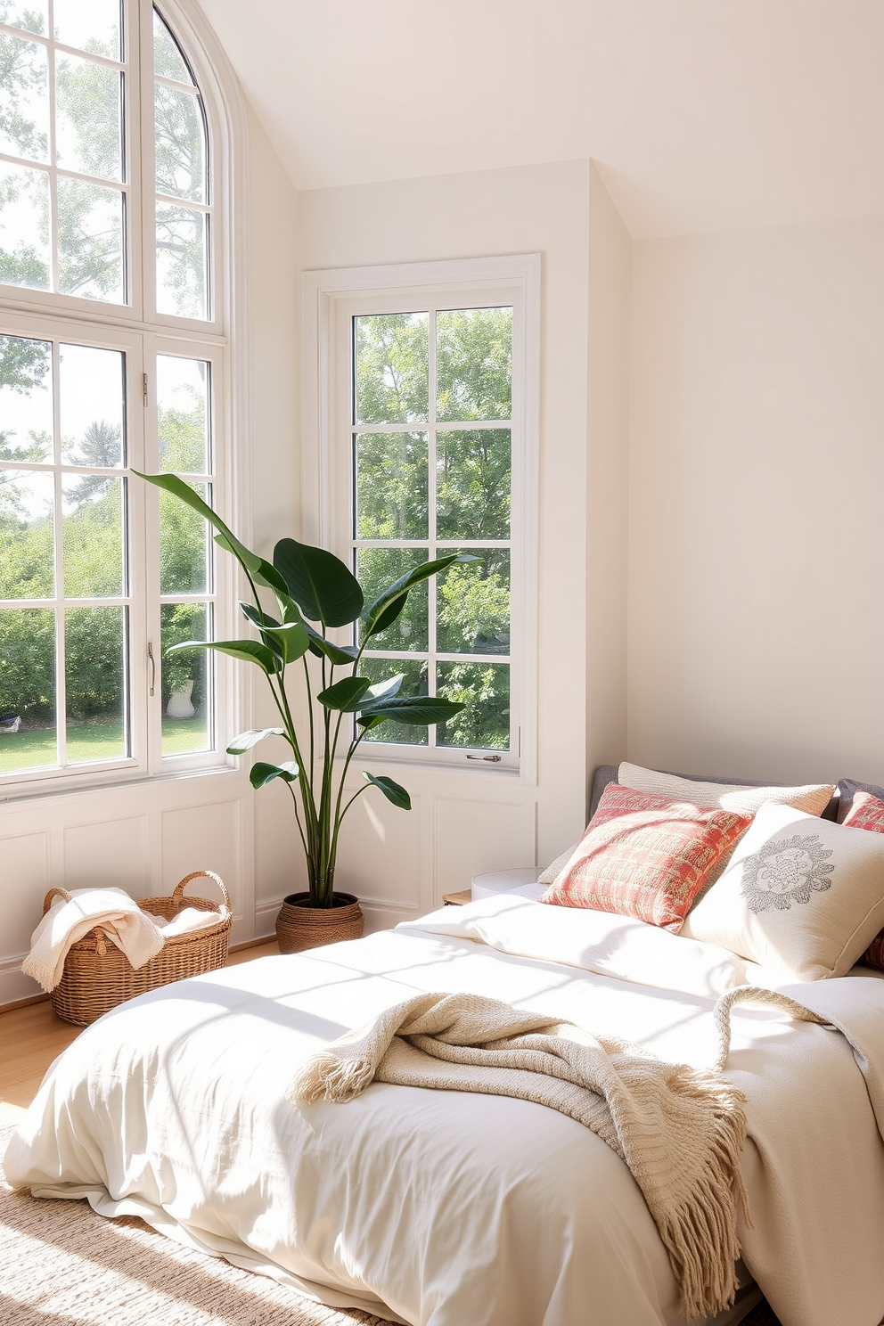 A bright summer bedroom with large windows allowing natural light to flood the space. The walls are painted in a soft pastel color, and a cozy bed is adorned with light, airy linens and colorful throw pillows. In the corner, a tall leafy plant adds a touch of greenery and freshness to the room. A woven basket sits beside it, filled with soft blankets for a relaxed, inviting atmosphere.