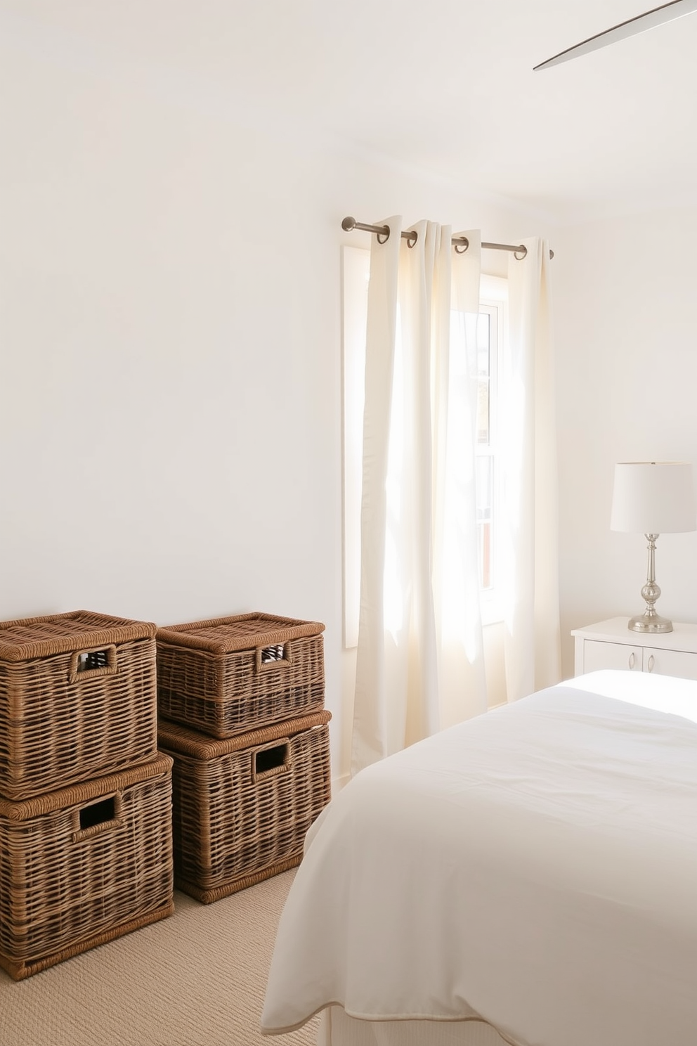 A bright and airy summer bedroom features wicker baskets placed strategically in the corners for stylish storage. The walls are painted in a soft pastel color, and a light, breezy curtain drapes over the window, allowing natural light to flood the space.