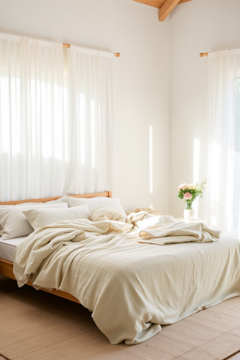 A serene summer bedroom setting. The bed is adorned with layered lightweight blankets in soft pastel hues, creating a cozy yet airy atmosphere. Sunlight streams through sheer curtains, illuminating the room and highlighting the natural wood accents. A small bedside table holds a vase of fresh flowers, adding a pop of color to the tranquil space.