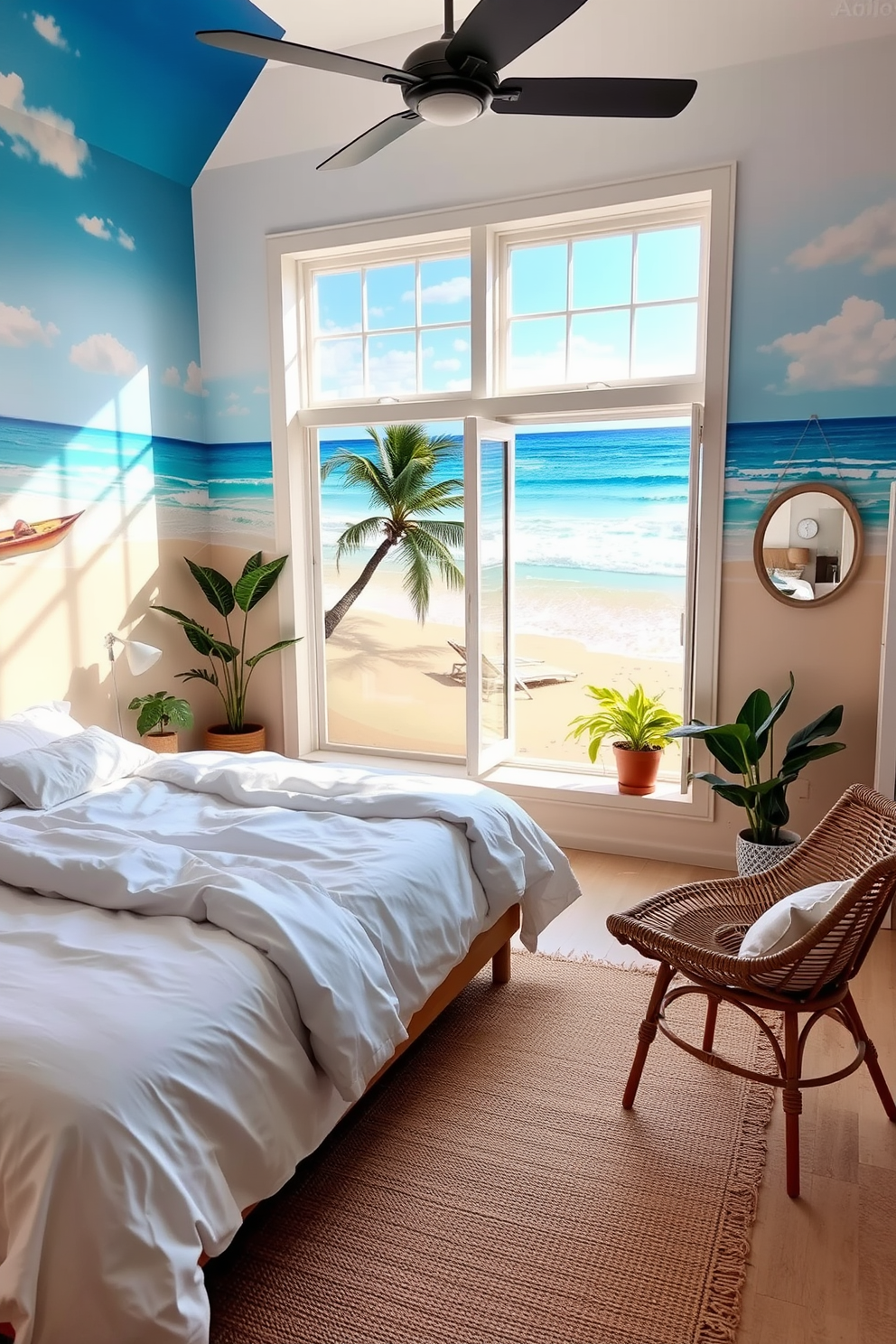 A serene summer bedroom infused with natural light. The walls are adorned with a vibrant mural depicting a tranquil beach scene, creating a focal point that enhances the room's ambiance. The bed is dressed in soft, breathable linens in shades of white and light blue. A cozy seating area with a rattan chair and a small side table invites relaxation, while potted plants add a touch of greenery.