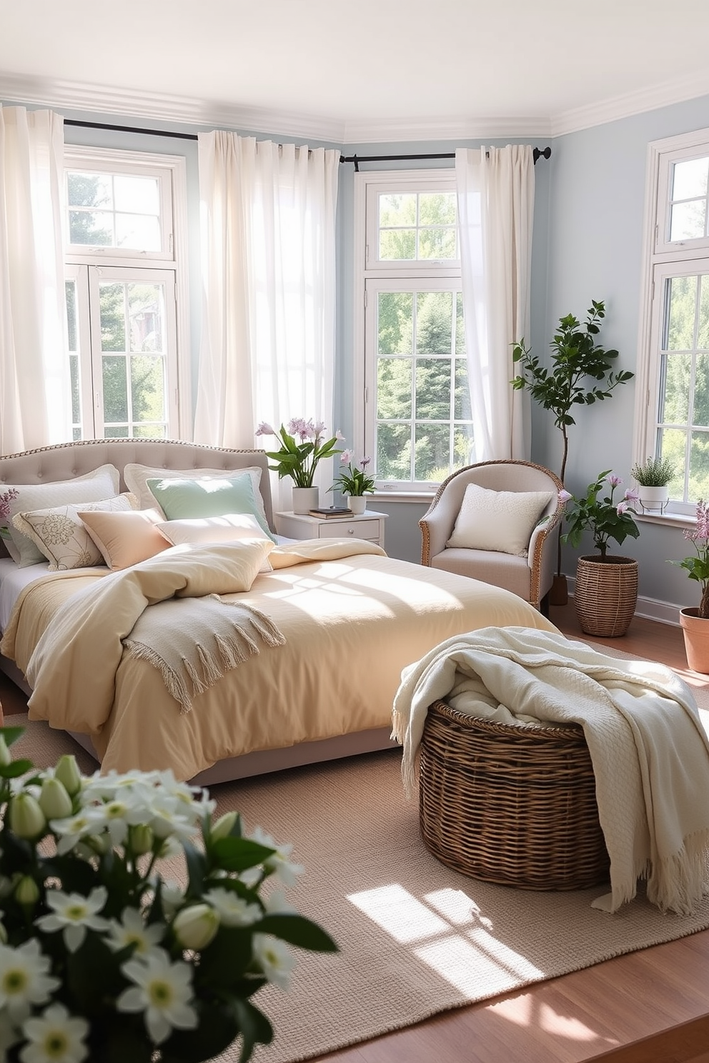 A light and airy summer bedroom filled with soft pastel colors. The walls are painted in a pale blue shade, and sheer white curtains billow gently in the breeze. A comfortable queen-sized bed is adorned with a light yellow duvet and an assortment of fluffy pillows in coordinating colors. A woven basket sits at the foot of the bed, filled with cozy throws perfect for cool summer nights. Natural light floods the room through large windows, illuminating a small reading nook with a plush armchair and a side table. Potted plants and fresh flowers add a touch of nature, creating a serene and inviting atmosphere.