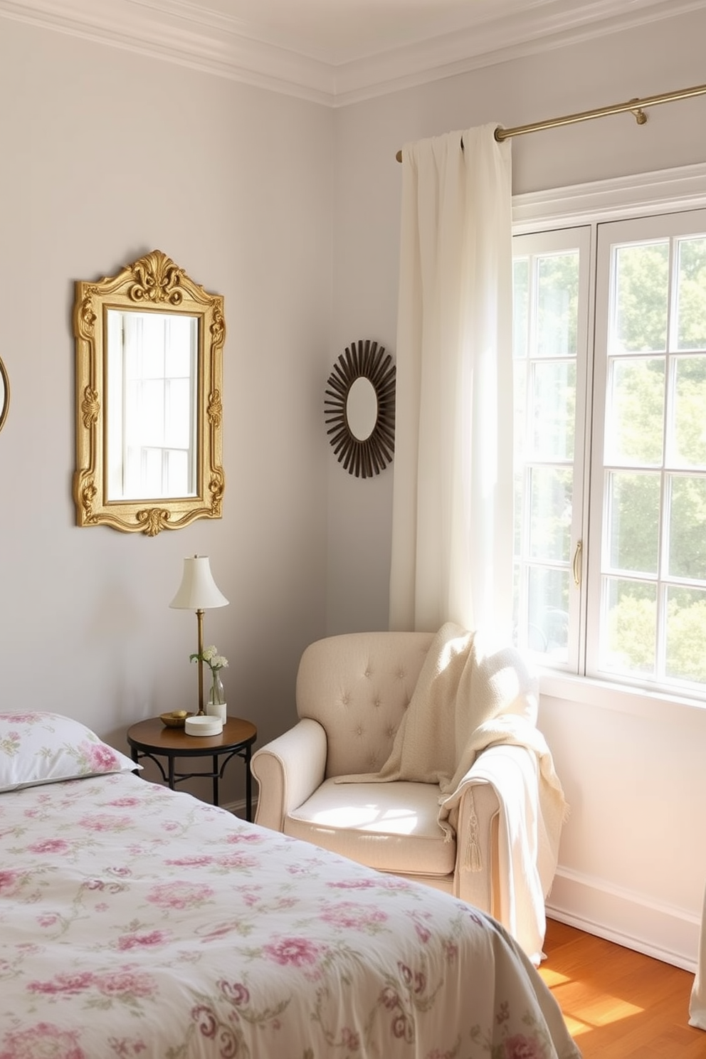 A bright summer bedroom filled with natural light. The room features decorative mirrors on the walls that beautifully reflect the sunlight, enhancing the airy atmosphere. The bedding is a mix of soft pastels and floral patterns, creating a cheerful and inviting space. A cozy armchair sits in the corner, adorned with a lightweight throw and a small side table for added functionality.