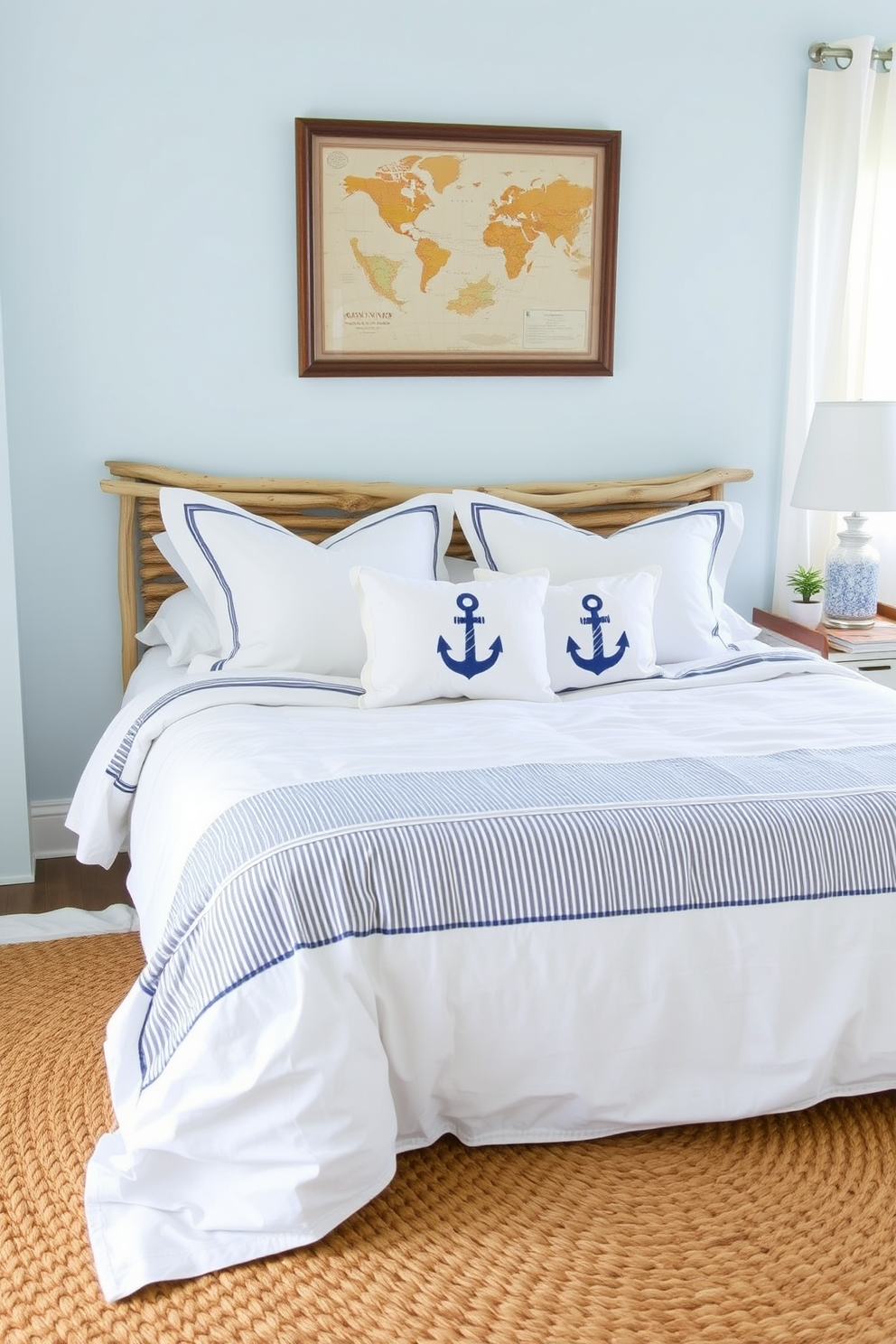 A serene summer bedroom featuring a soft blue color palette. The bedding consists of crisp white linens adorned with navy stripes, and a woven jute rug lies beneath the bed. Nautical decor accents include a driftwood headboard and decorative pillows with anchor motifs. A vintage sailing map is framed on the wall, adding a touch of adventure to the space.