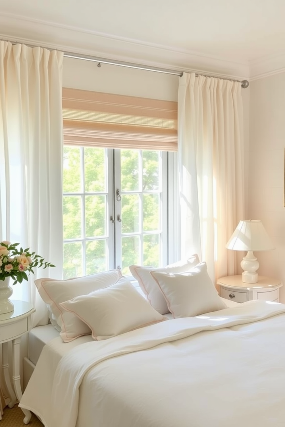 A serene summer bedroom featuring lightweight curtains that gently filter soft light into the space. The room is adorned with a pastel color palette, complemented by airy bedding and decorative pillows for a fresh, inviting atmosphere.