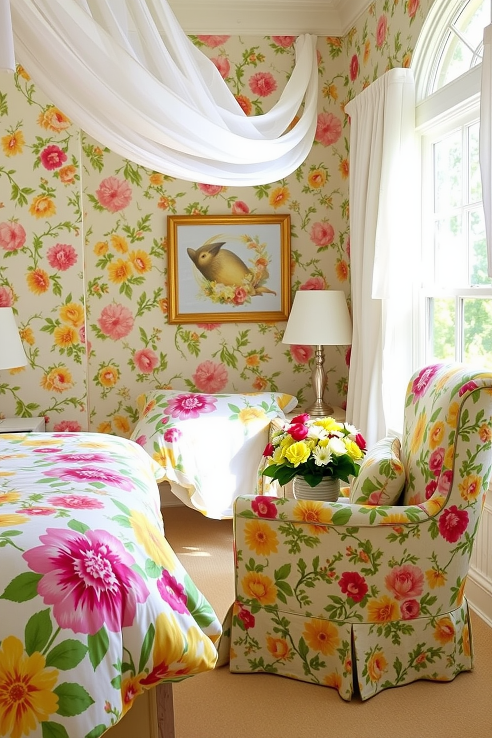 A bright and airy summer bedroom filled with vibrant floral patterns. The walls are adorned with cheerful floral wallpaper, and the bedding features a mix of bold blooms in shades of pink, yellow, and green. A large window allows natural light to flood the room, with sheer white curtains gently billowing in the breeze. A cozy reading nook is created by a plush armchair upholstered in a coordinating floral fabric, paired with a small side table topped with a fresh bouquet of flowers.