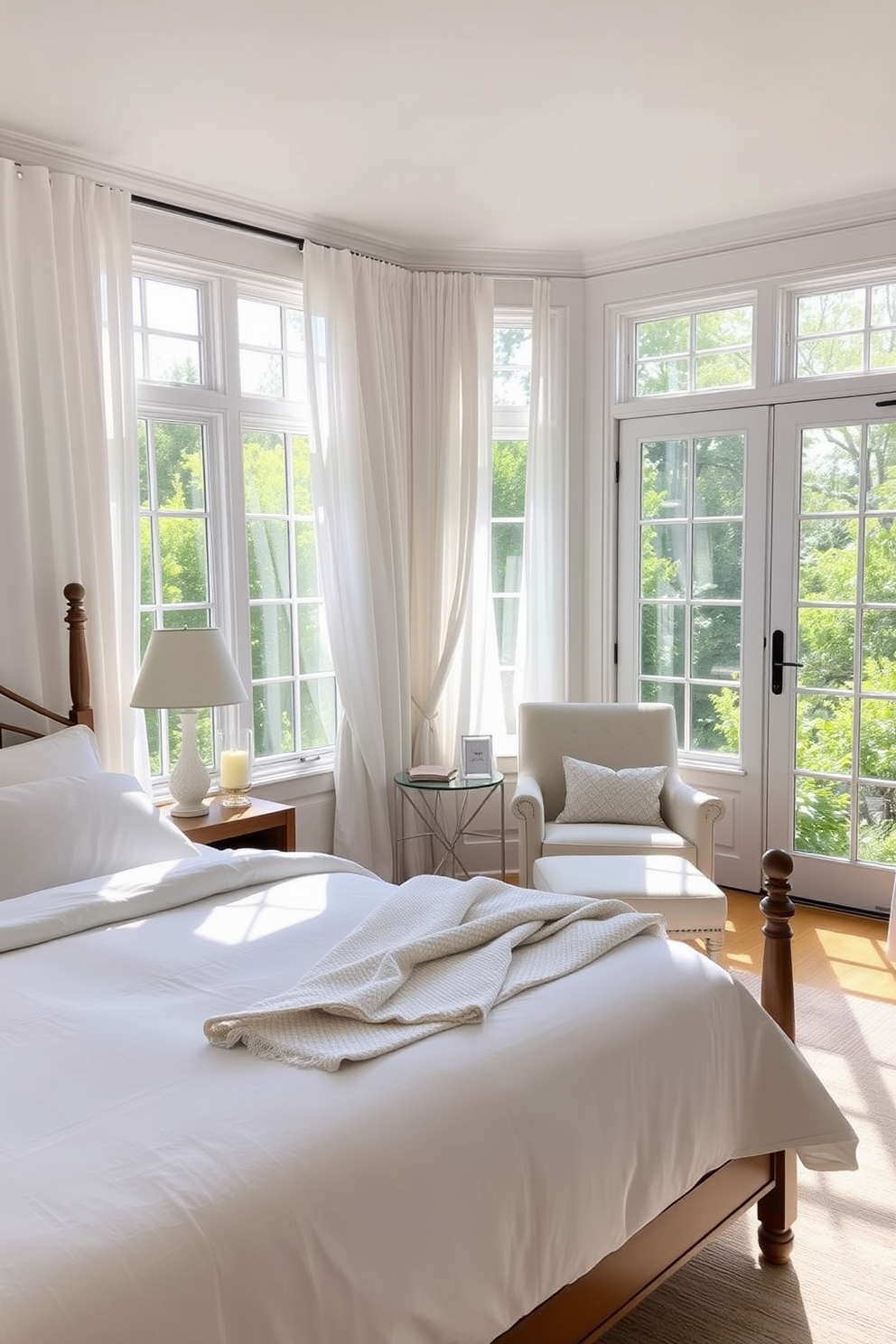 A bright and airy summer bedroom featuring a king-sized bed dressed in crisp white linens and a lightweight pastel-colored throw blanket. Large windows allow natural light to flood the room, adorned with sheer curtains that gently sway in the breeze. A cozy reading nook is created with a plush armchair and a small side table, perfect for enjoying a book on warm afternoons. Decorate the space with scented candles placed on the windowsill, filling the room with a refreshing summery aroma.