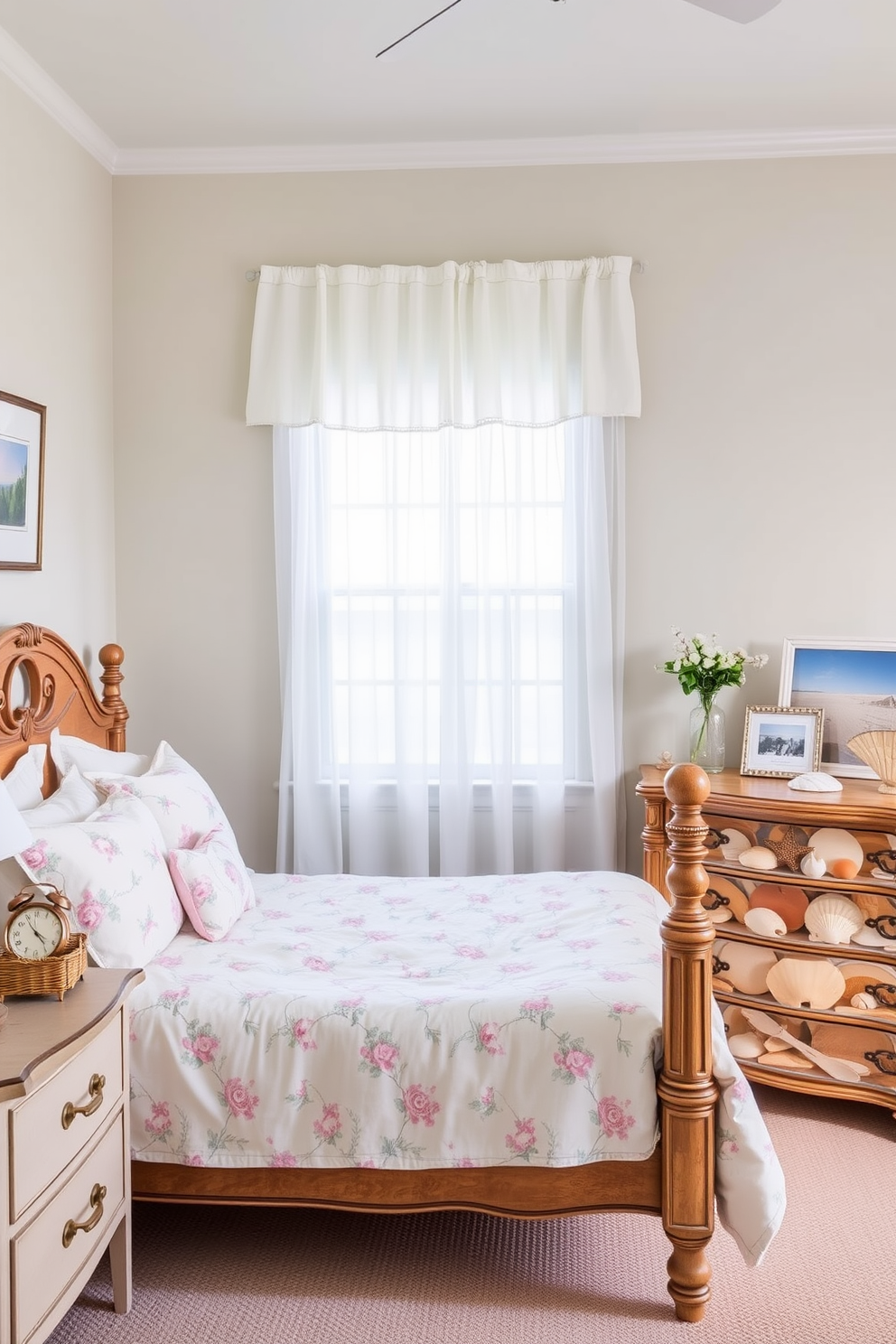 A charming summer bedroom filled with vintage-themed decor. The walls are adorned with soft pastel colors, and an antique wooden bed frame is dressed in light floral bedding. On the bedside table, a collection of vintage summer-themed items like a small wicker basket and a retro alarm clock add character. A large window draped with sheer white curtains allows natural light to flood the room, highlighting a rustic wooden dresser decorated with seashells and a framed beach photograph.