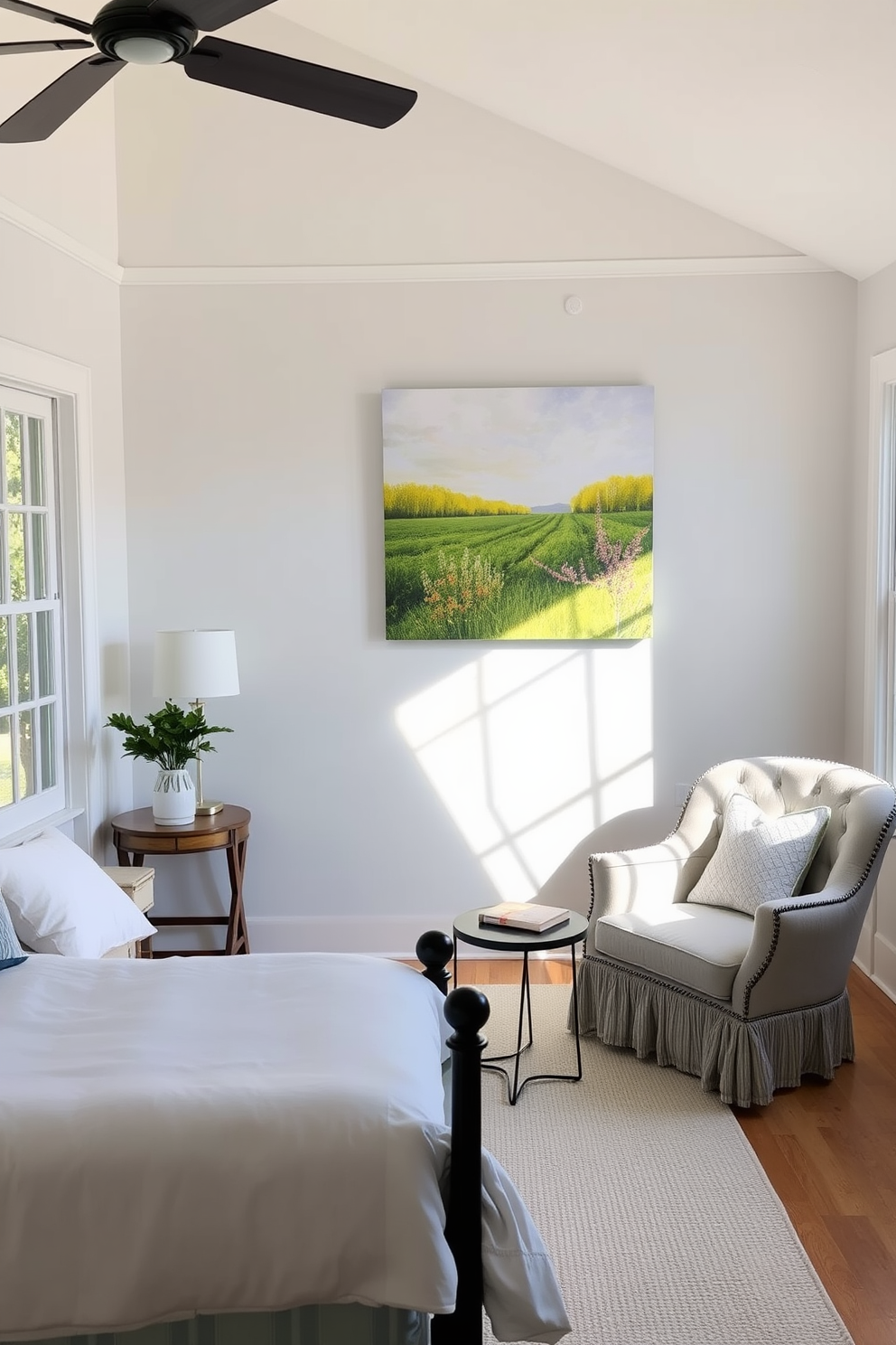 A serene summer bedroom filled with natural light. The walls are painted in soft pastel colors, and a large canvas featuring a vibrant summer landscape hangs above the bed. The bed is adorned with light, airy linens in shades of blue and white. A cozy reading nook with a plush armchair and a small side table is situated by the window, inviting relaxation.