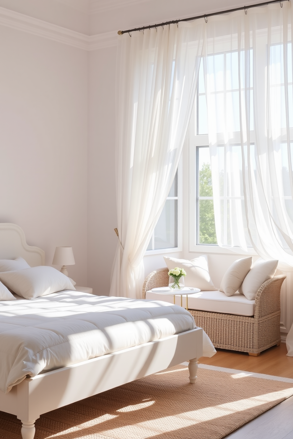 A light and airy bedroom featuring a light-colored bed frame with a plush white headboard. Soft pastel bedding complements the decor, creating a calming and inviting atmosphere. Natural light floods the room through sheer curtains, enhancing the fresh summer vibe. A cozy seating area by the window includes a small table and soft cushions, perfect for relaxation.