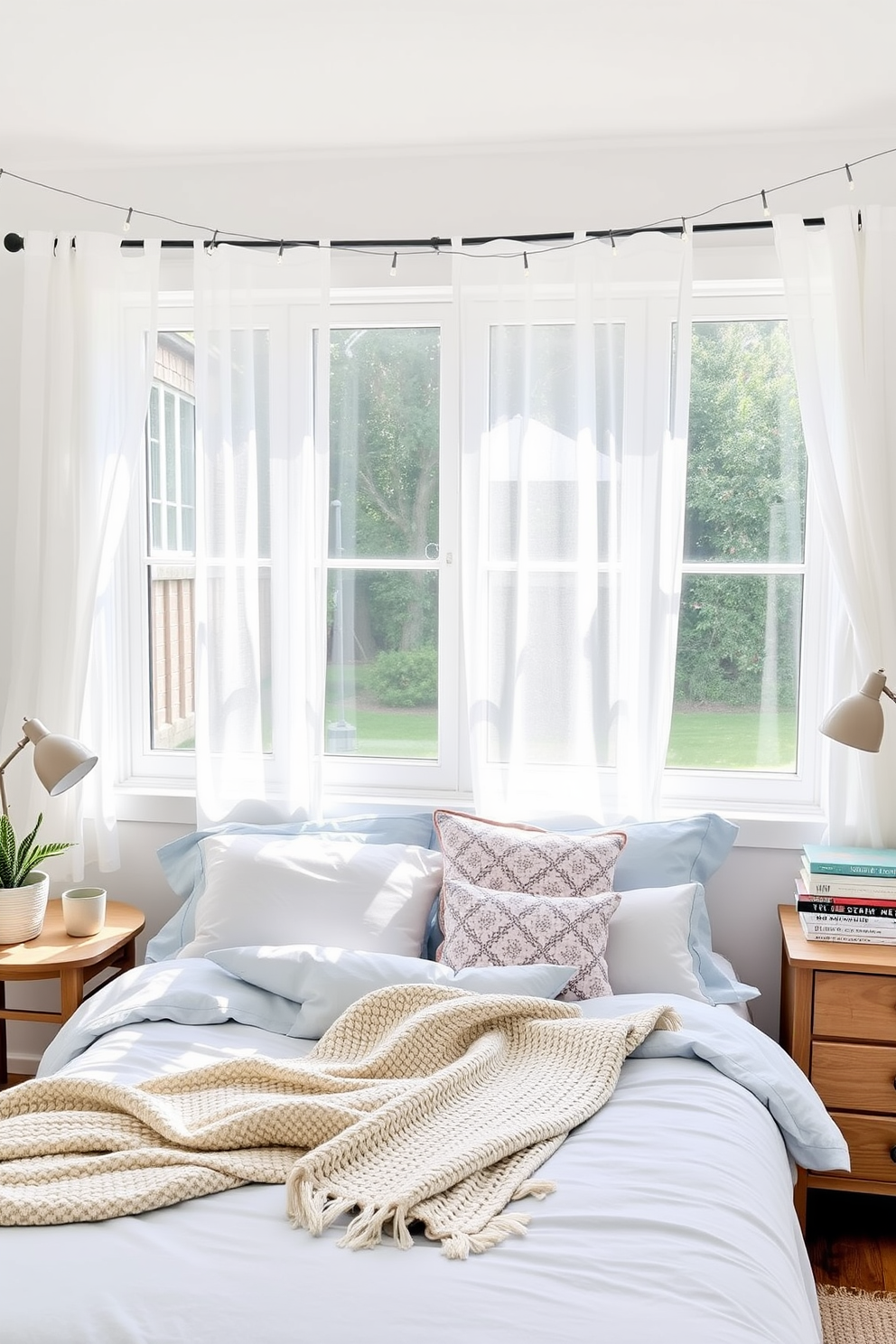 A bright and airy summer bedroom features a large window adorned with sheer white curtains that gently filter the sunlight. The bed is dressed in light blue linens with a mix of patterned throw pillows, and a cozy knitted blanket is casually draped over the edge. A wooden nightstand on one side holds a small potted plant and a stylish lamp, while the other side has a stack of colorful books. String lights are delicately hung above the bed, creating a whimsical touch that adds warmth and charm to the space.