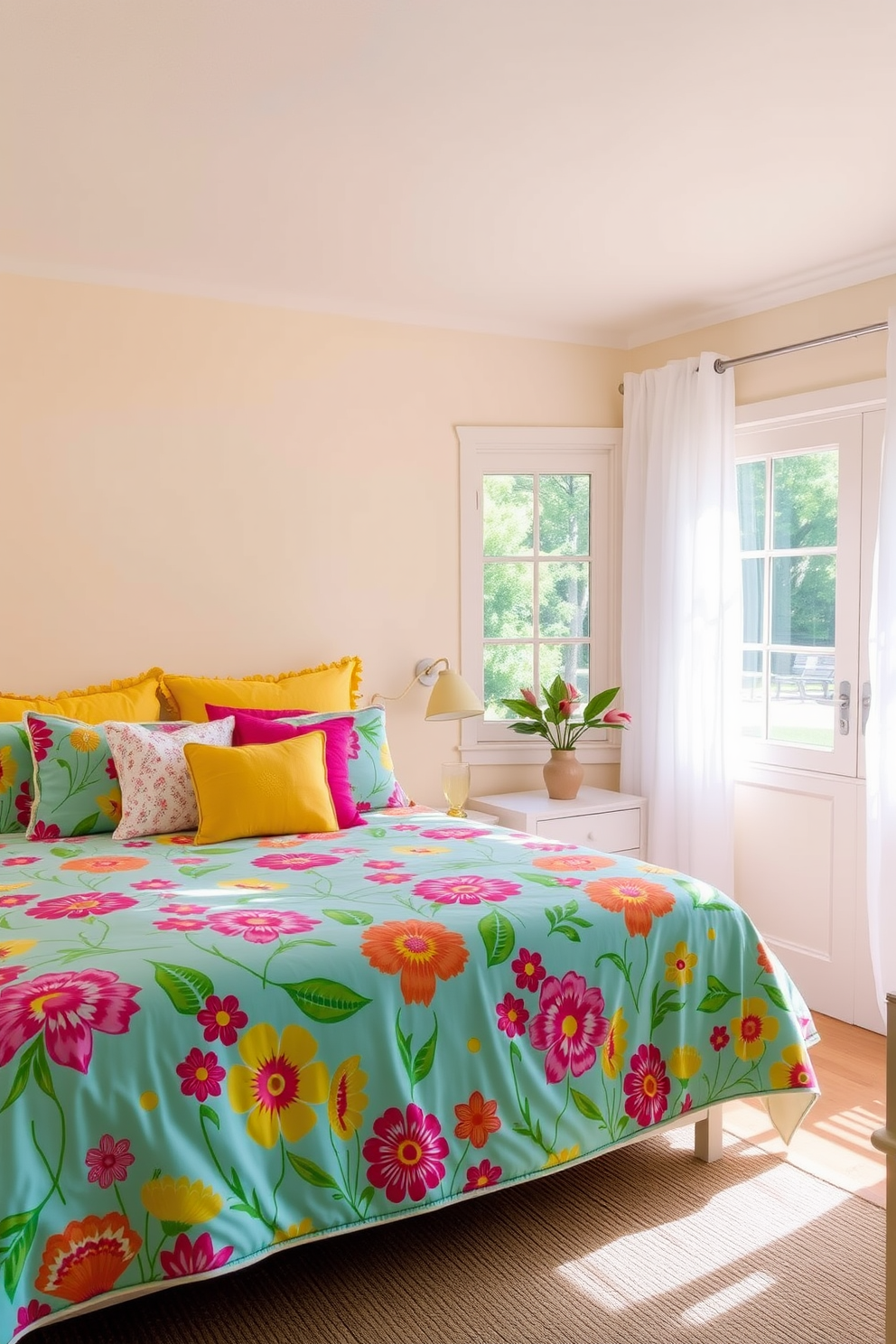 A cheerful summer-themed bedroom featuring a vibrant bedspread adorned with colorful floral patterns. The walls are painted in a soft pastel hue, complementing the bright colors of the bedding and creating a light and airy atmosphere. To the side of the bed, a sleek nightstand holds a refreshing glass of lemonade and a small potted plant. Large windows allow natural light to flood the room, with sheer curtains gently swaying in the summer breeze.