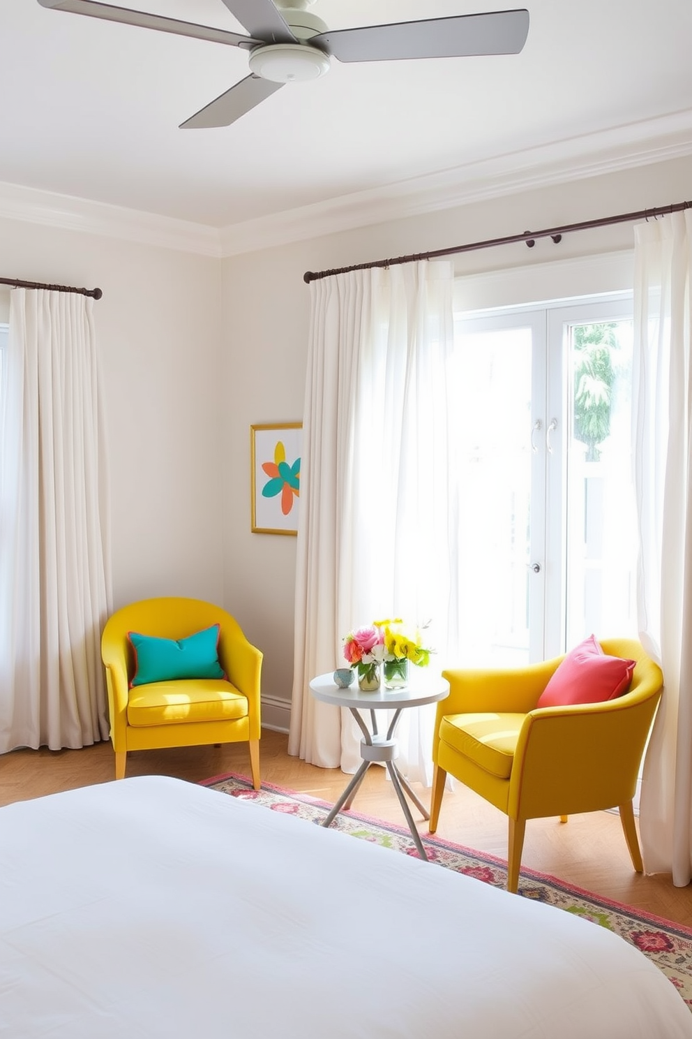 A bright and airy summer bedroom featuring a soft white bedspread adorned with colorful throw pillows in shades of coral and turquoise. A pair of vibrant yellow accent chairs sit in the corner, complemented by a small round table topped with a fresh floral arrangement. The walls are painted a light pastel hue, creating a cheerful atmosphere that invites relaxation. Natural light floods the room through sheer curtains, highlighting the playful patterns of a colorful area rug beneath the bed.