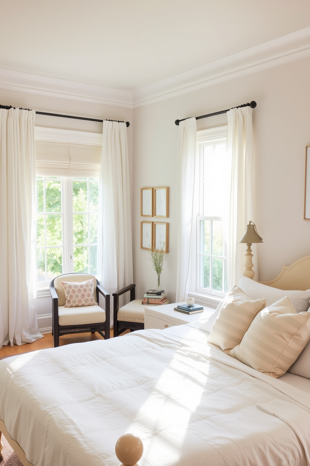 Create a serene atmosphere with soft lighting in a summer bedroom. The room features a light-colored wooden bed frame adorned with crisp white linens and pastel throw pillows. Large windows allow natural light to flood the space, with sheer curtains gently billowing in the breeze. A cozy reading nook is set up in one corner with a plush armchair and a small side table, perfect for enjoying a book on a warm summer day.