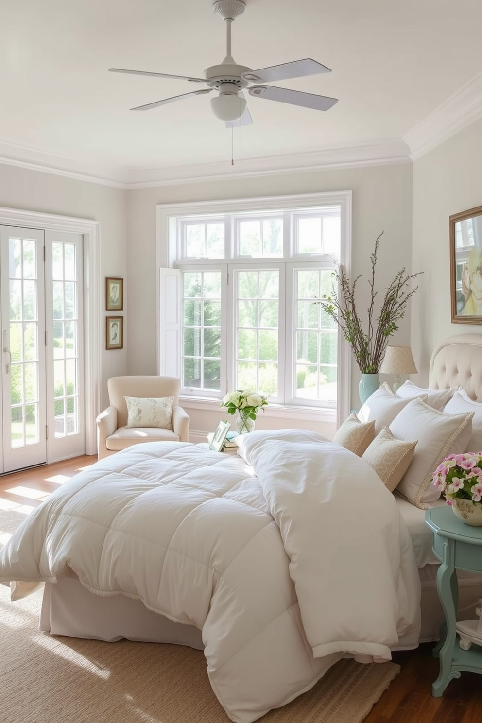 Create a serene summer bedroom featuring a light duvet that offers comfort during warm nights. The walls are painted in soft pastel hues, and large windows allow natural light to flood the space. Include a cozy reading nook with a plush armchair and a small side table. Decorate with fresh flowers and light fabrics to enhance the airy, relaxed atmosphere.