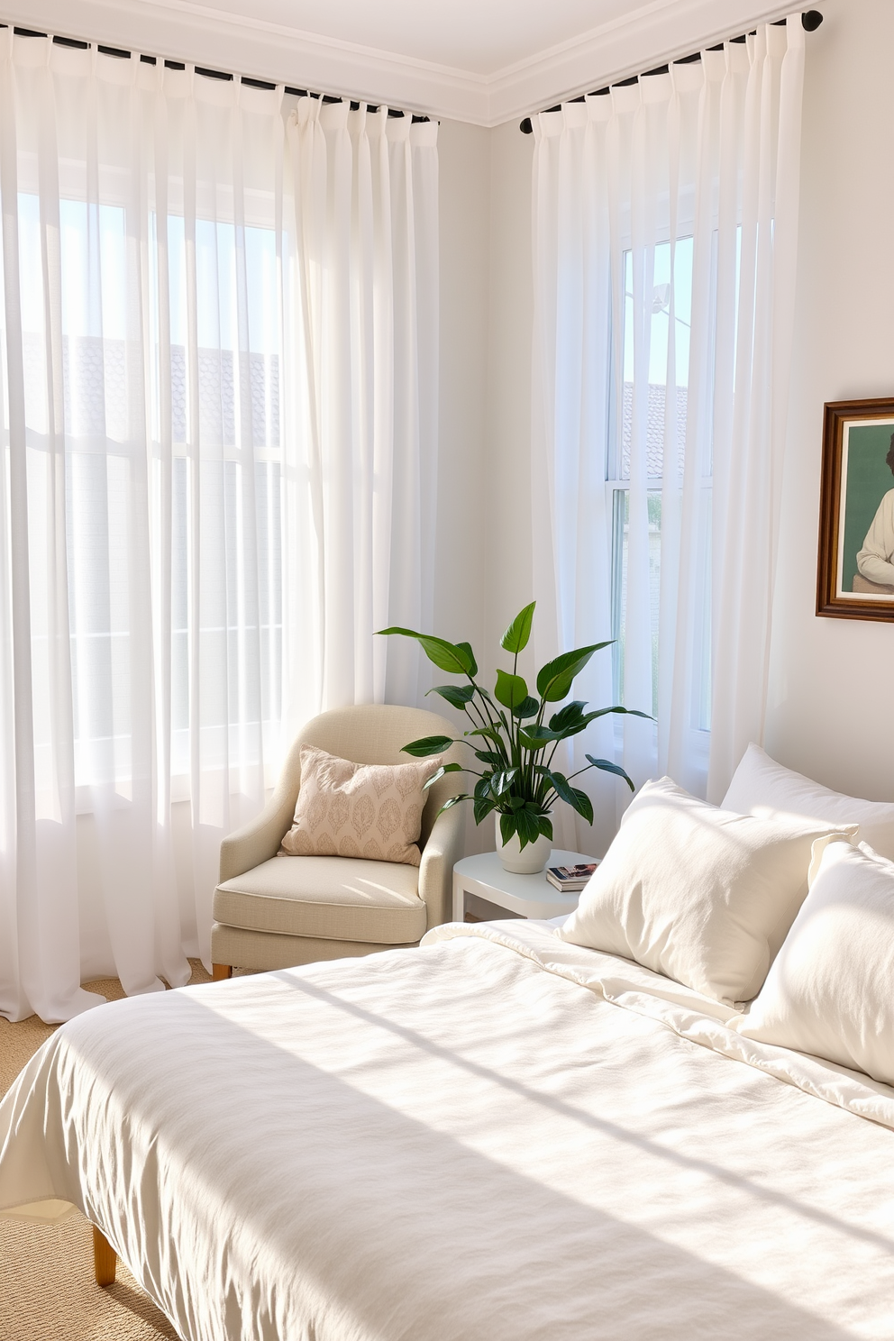 A bright and airy summer bedroom setting with sheer white curtains that allow natural light to flow in. The bed is dressed in light linen sheets with soft pastel pillows, creating a fresh and inviting atmosphere. A cozy reading nook is created with a comfortable armchair positioned near a window, accompanied by a small side table. A vibrant indoor plant adds a touch of greenery, enhancing the serene vibe of the space.